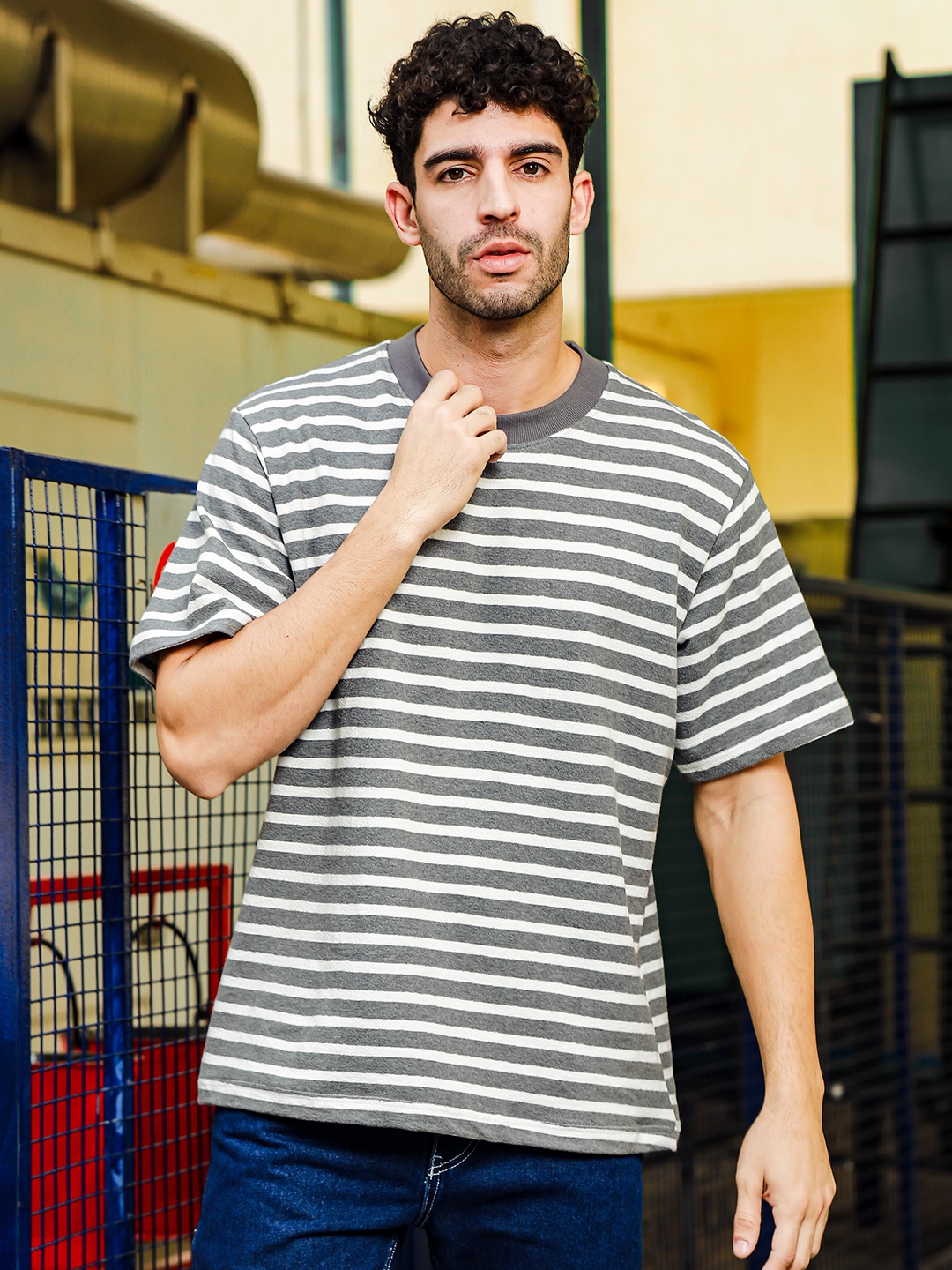 

TOMHIDDLE Striped Round Neck Pure Cotton T-shirt, Grey