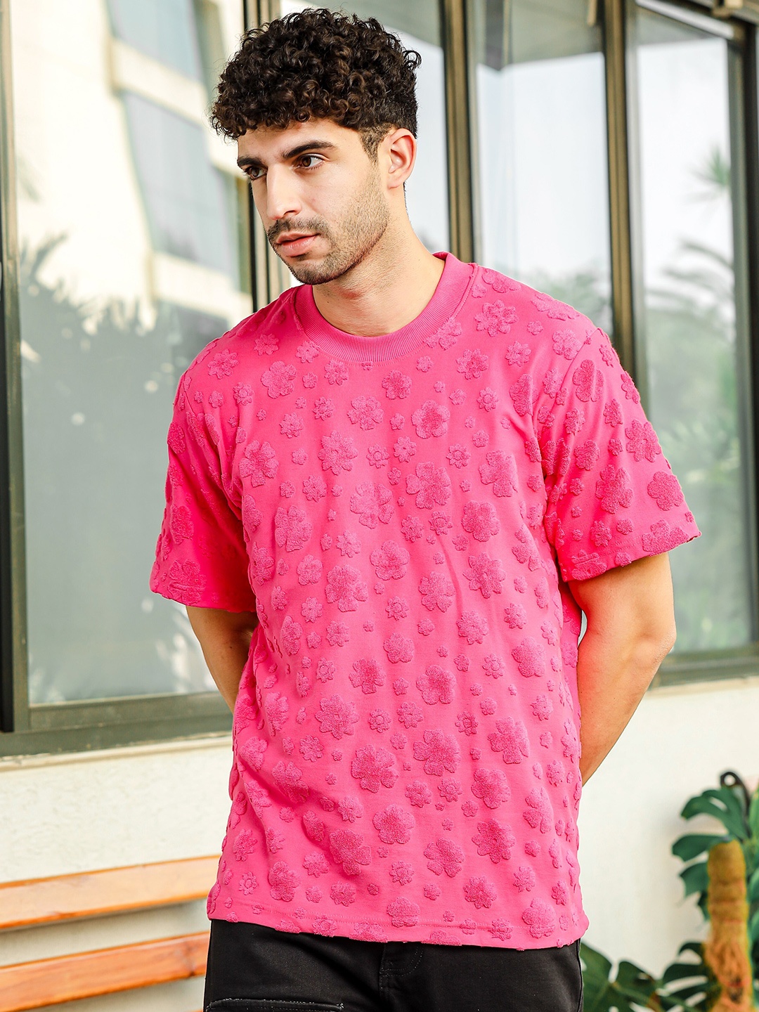 

TOMHIDDLE Round Neck Self Design Pure Cotton T-shirt, Pink