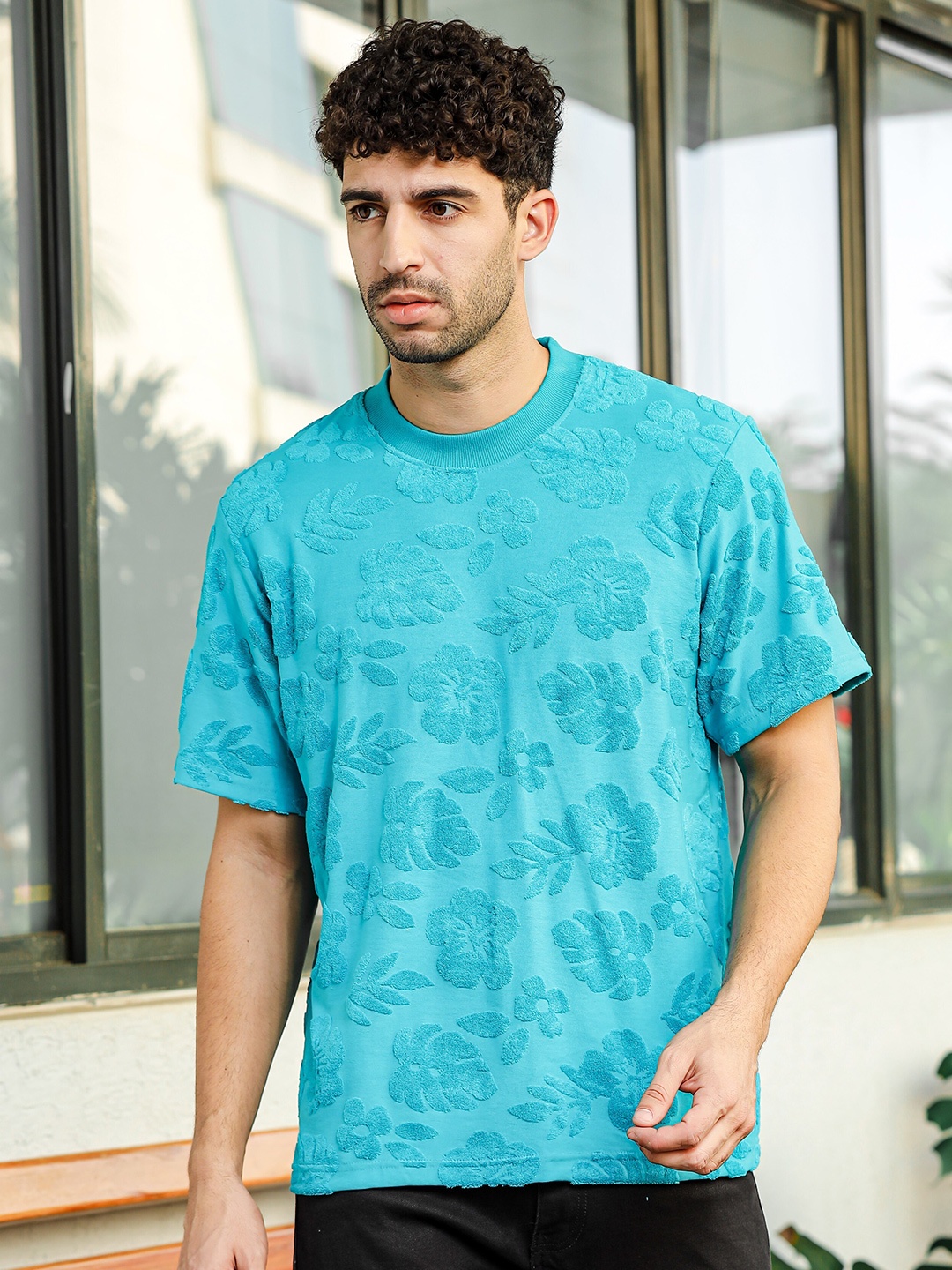 

TOMHIDDLE Round Neck Self Design Pure Cotton T-shirt, Blue