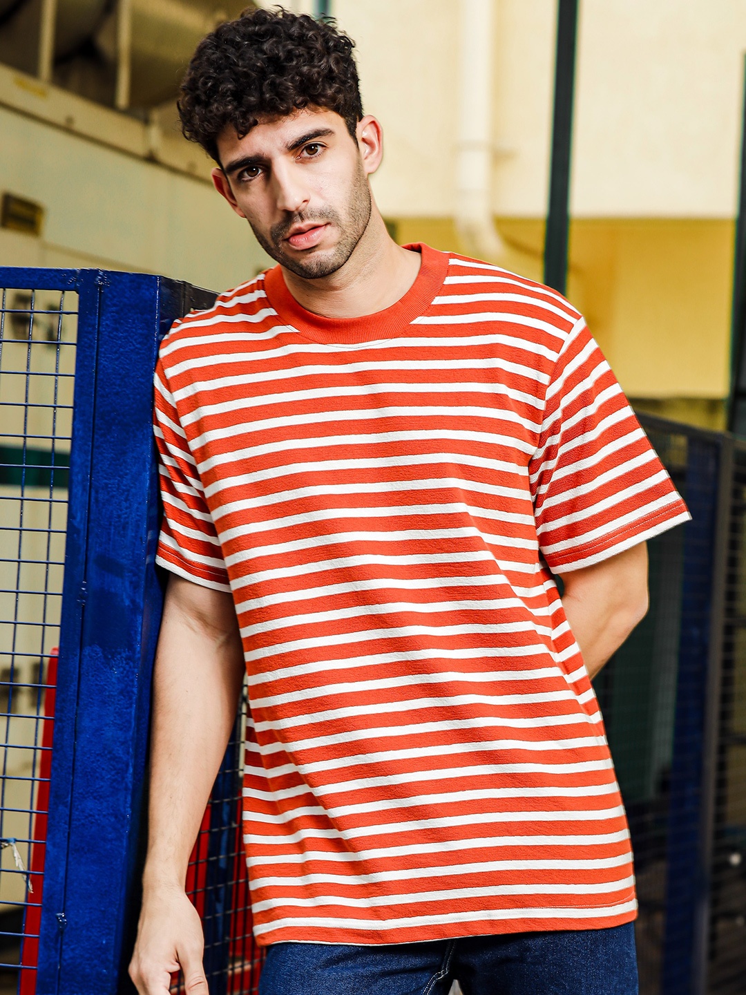 

TOMHIDDLE Round Neck Striped Pure Cotton T-shirt, Red