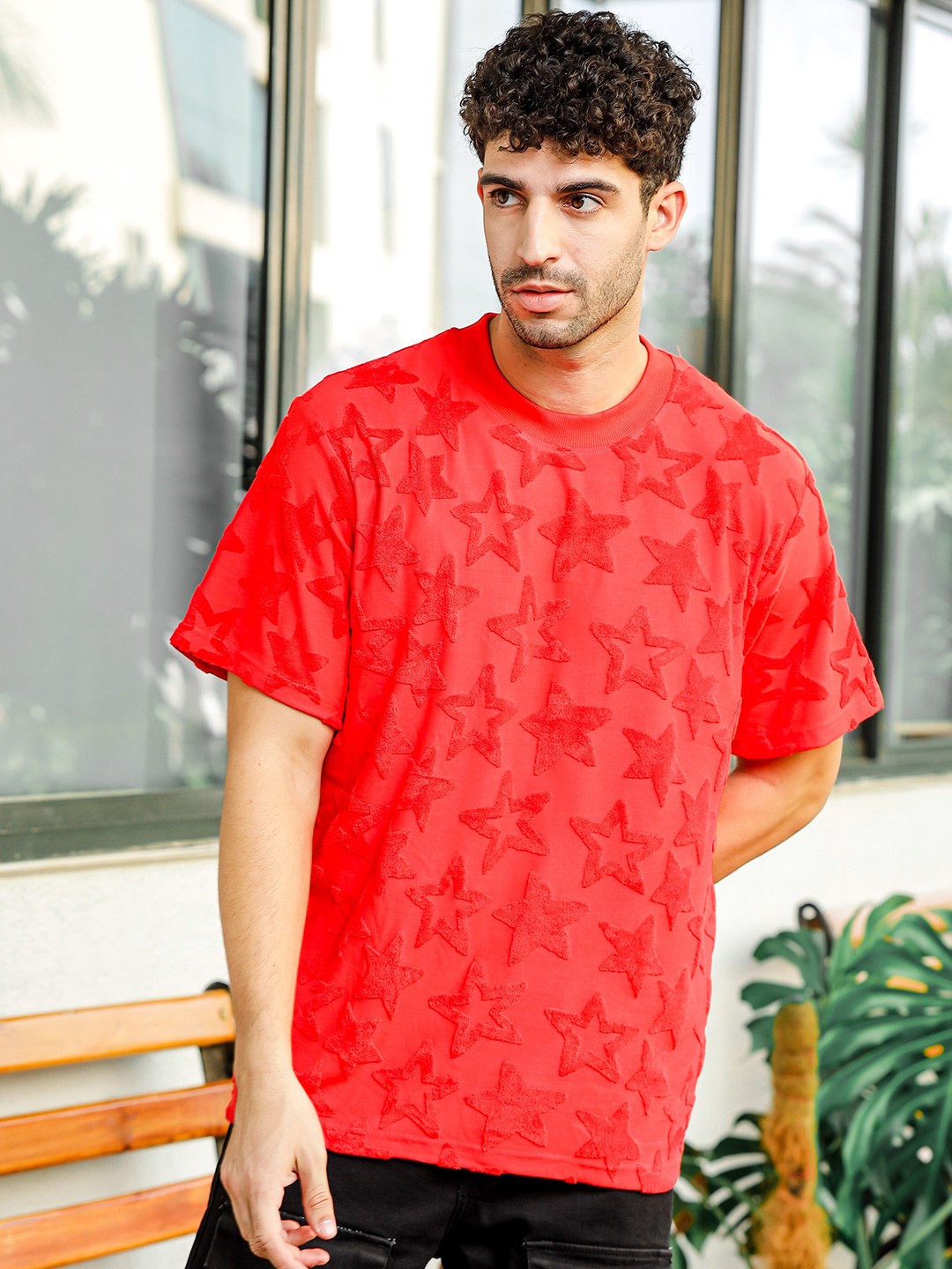 

TOMHIDDLE Round Neck Self Design Pure Cotton T-shirt, Red