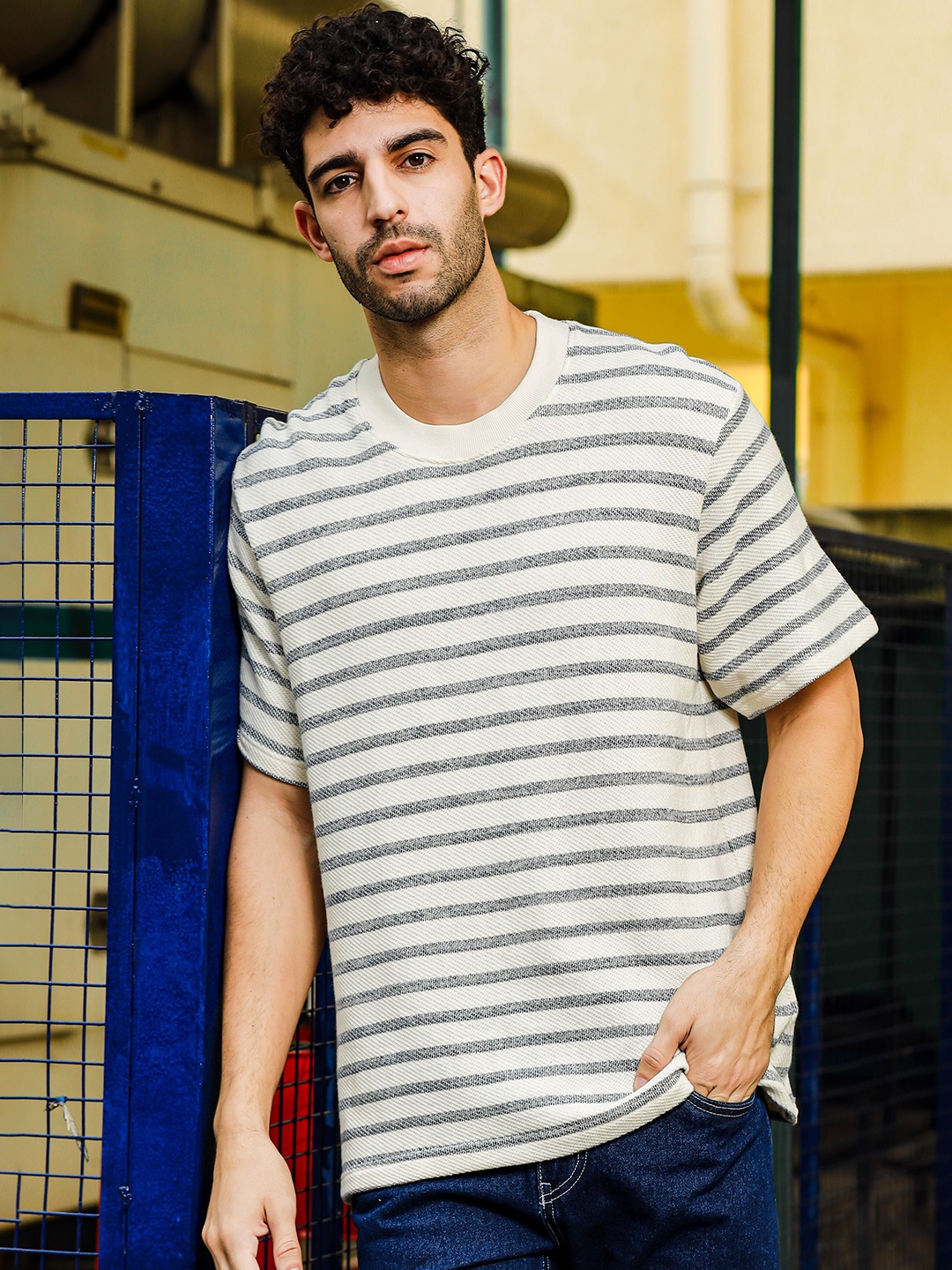 

TOMHIDDLE Round Neck Striped Pure Cotton T-shirt, White