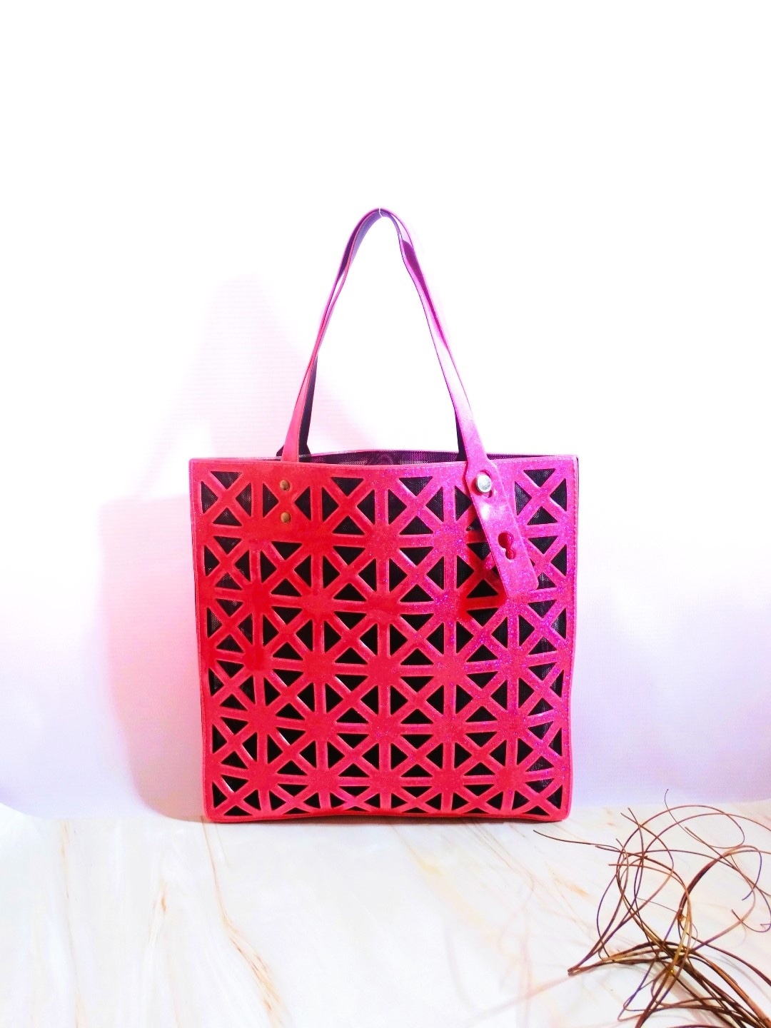 

CHRONICLE Oversized Shopper Tote Bag with Cut Work, Fuchsia