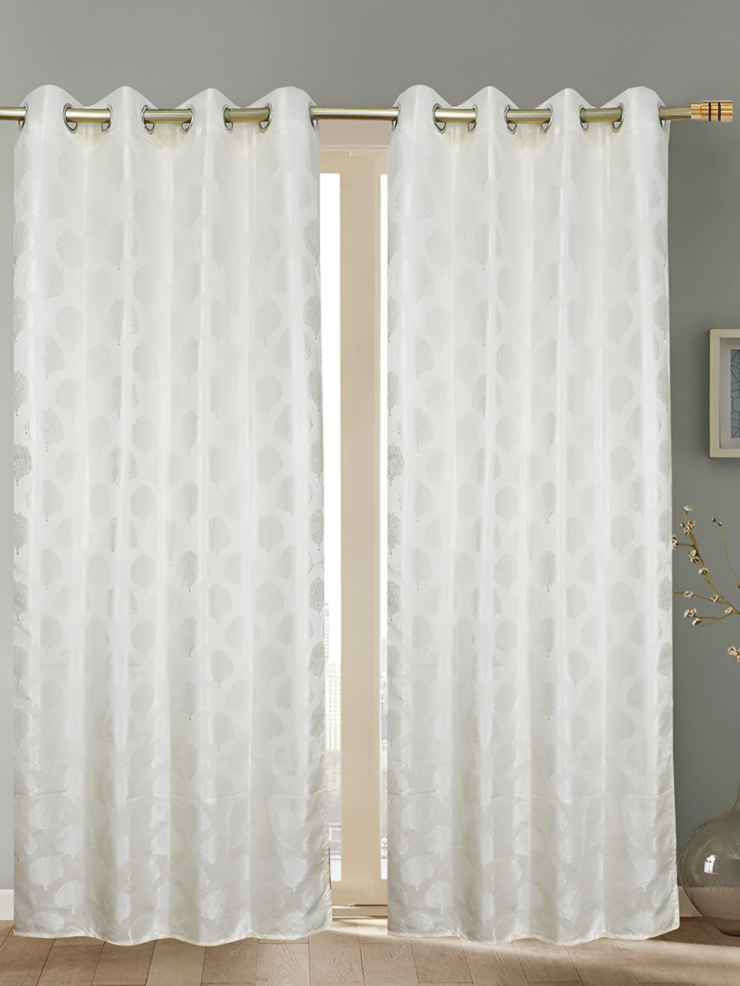 

RIDHAAN Cream-Coloured 2 Pieces Floral Jacquard Eyelet Room Darkening Window Curtain