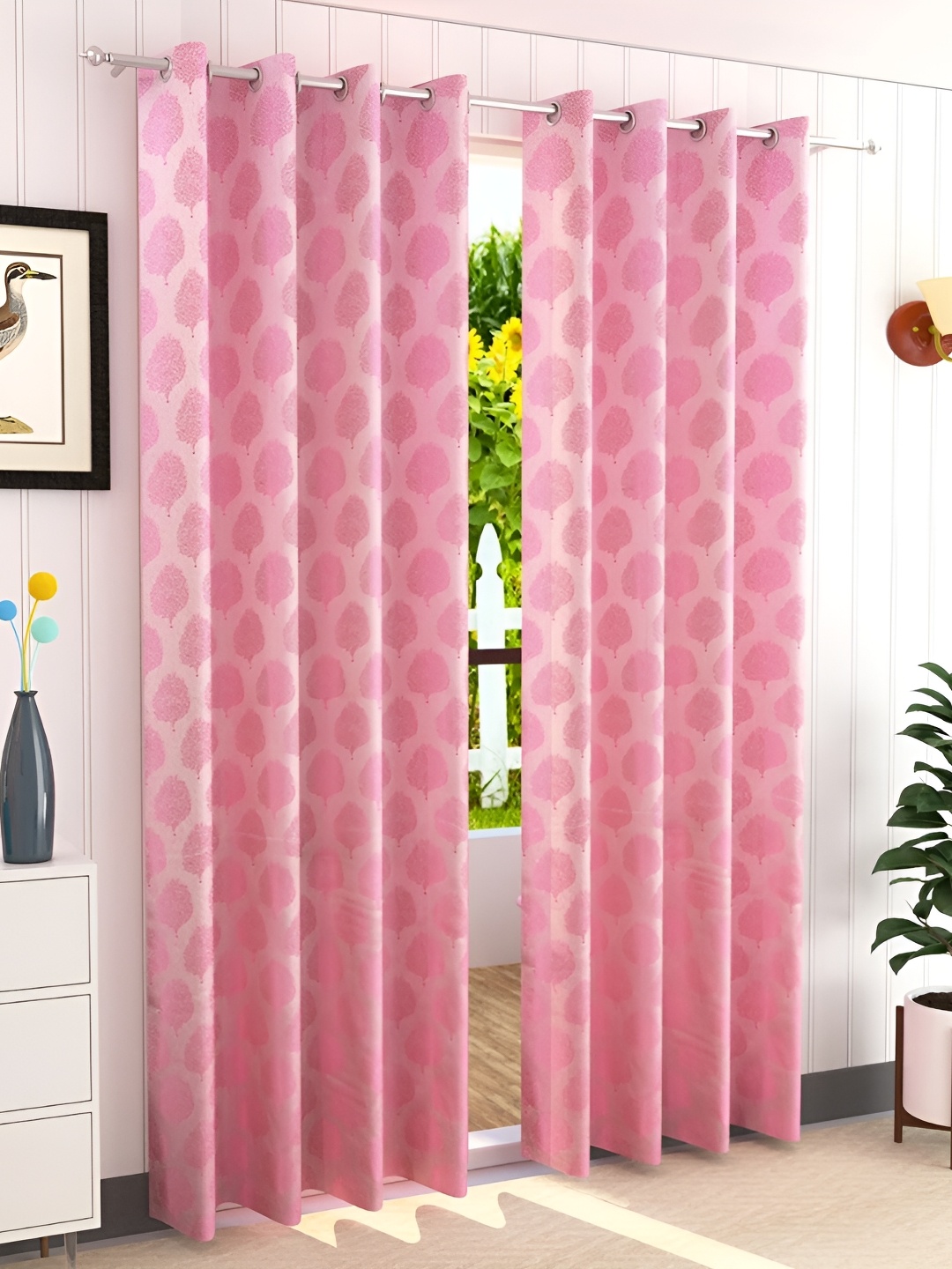 

RIDHAAN Pink 2 Pieces Floral Jacquard Eyelet Room Darkening Window Curtain