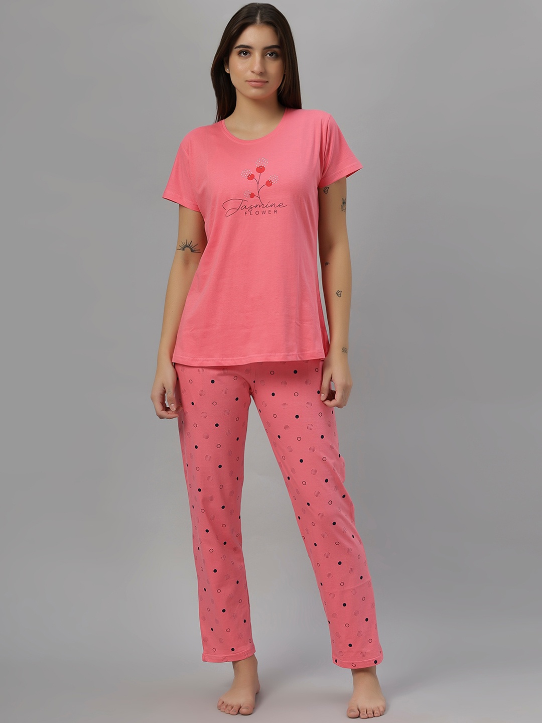 

DZZO Women pure cotton Printed Night suit, Pink