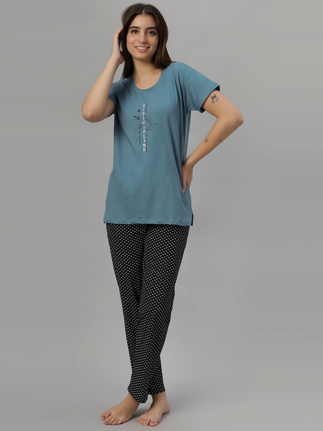 

DZZO Printed Round Neck Pure Cotton Night suit, Blue