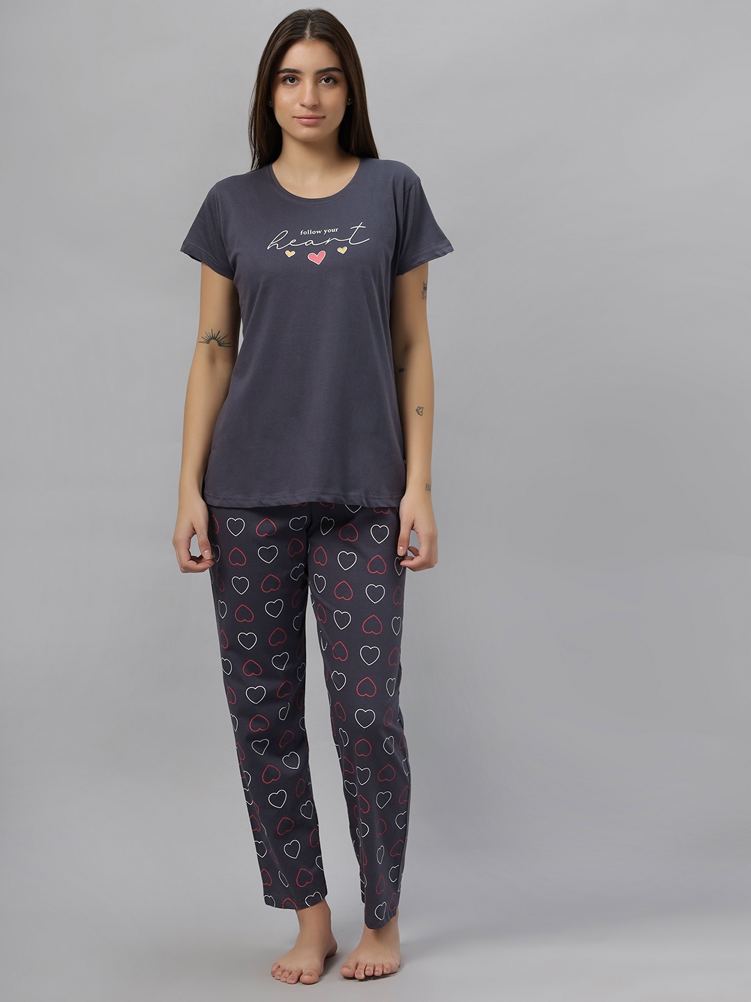 

DZZO Women pure cotton Printed Night suit, Grey