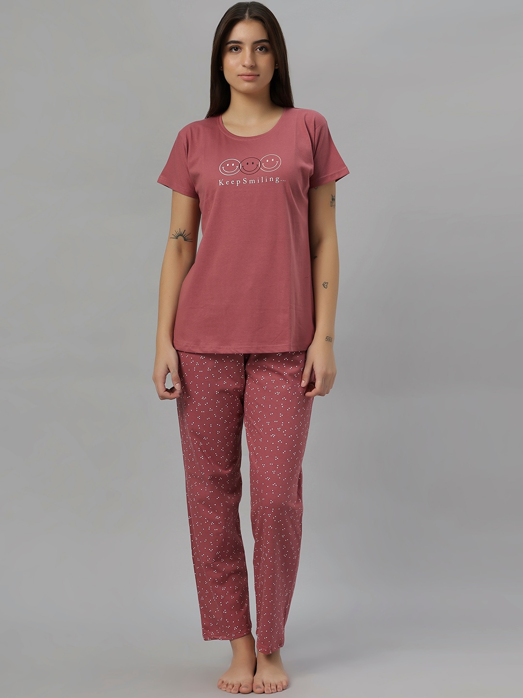 

DZZO Printed Round Neck Pure Cotton Night suit, Brown
