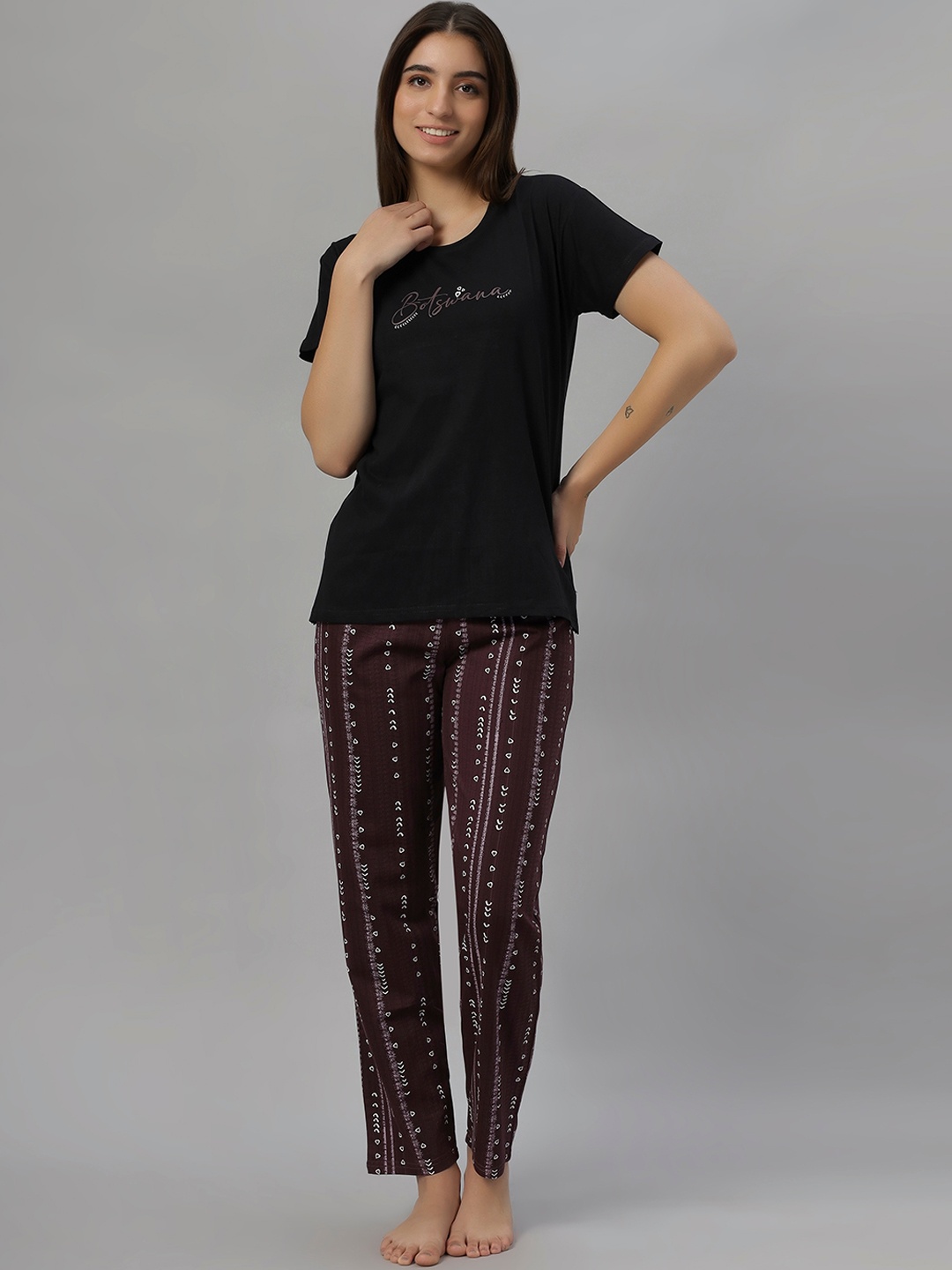 

DZZO Printed Round Neck Pure Cotton Night suit, Black