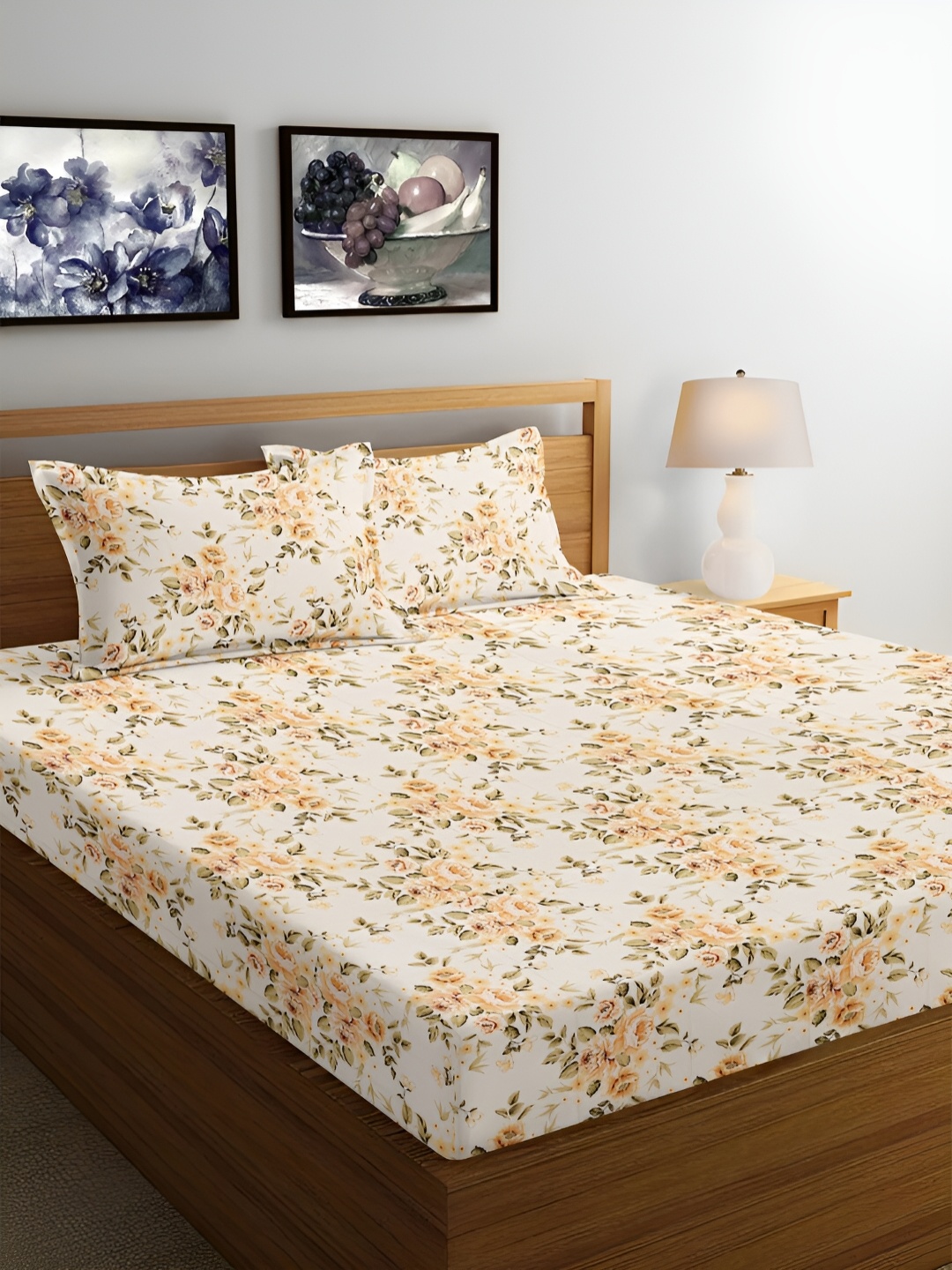 

Srijee Decors Yellow & Off White Floral Cotton 300 TC Fitted King Bedsheet & Pillow Covers