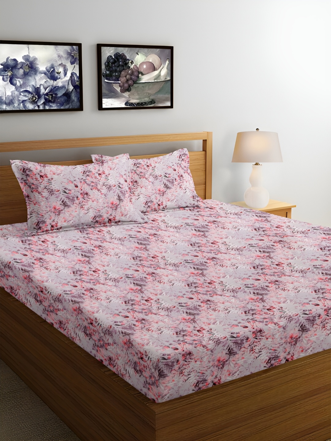 

Srijee Decors Pink & Grey 350 TC King Cotton Bedsheet with 2 Pillow Covers