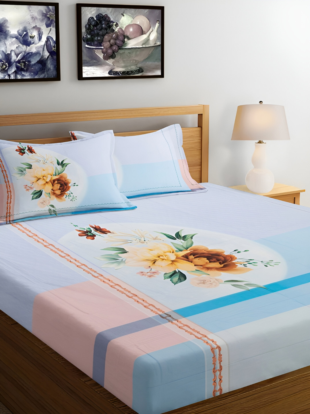

Srijee Decors Blue & White Floral 350 TC Cotton King Bedsheet with 2 Pillow Covers