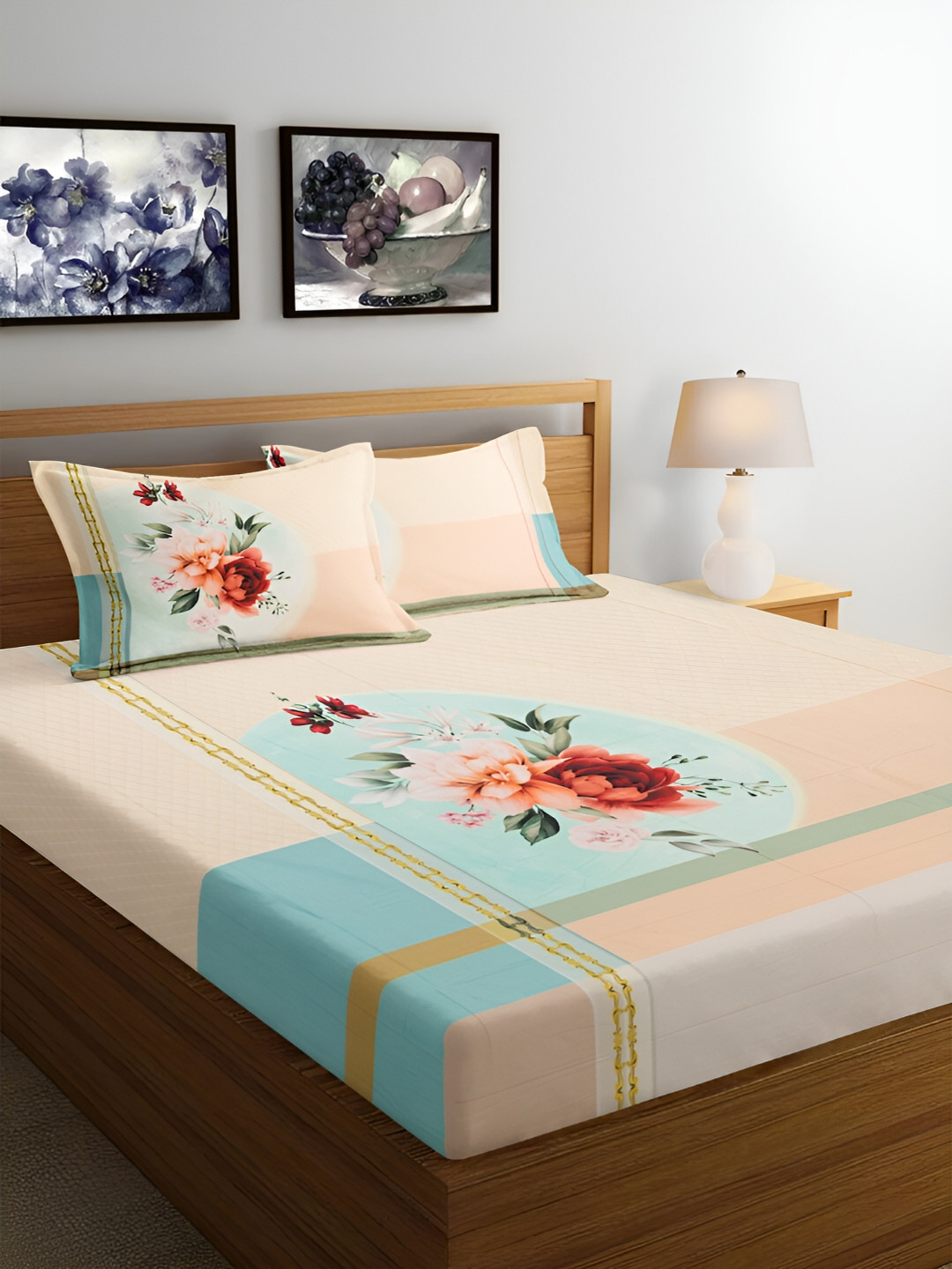 

Srijee Decors Orange & Blue Floral 350 TC Cotton King Bedsheet with 2 Pillow Covers
