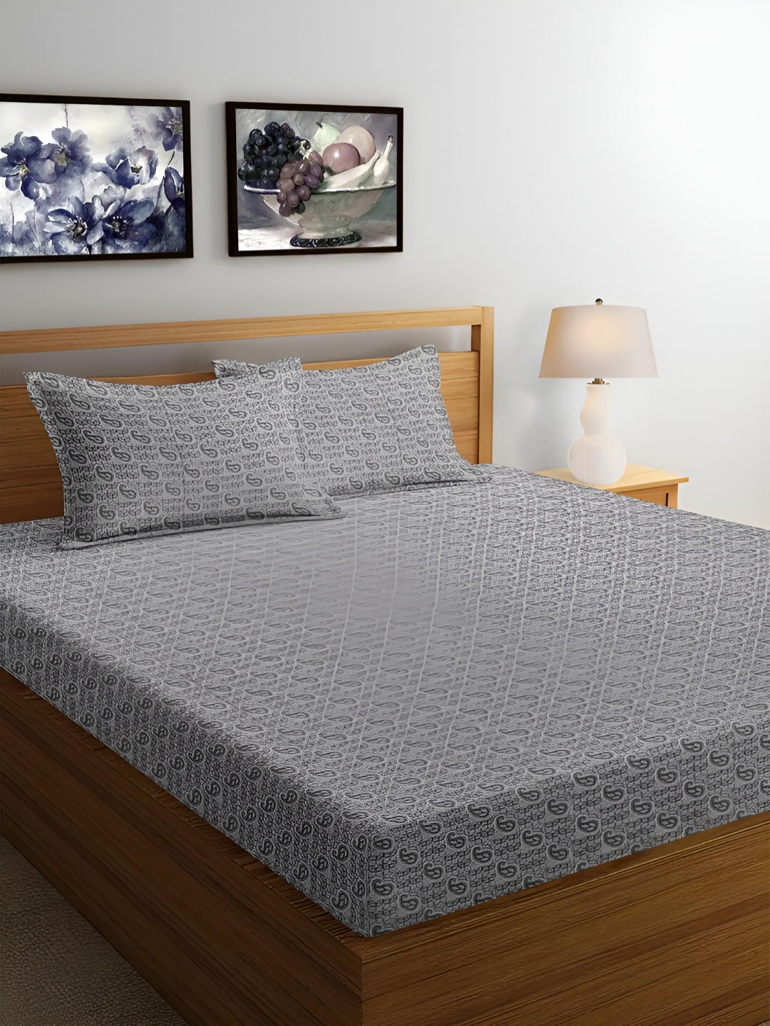 

Srijee Decors Grey Ethnic Motifs Cotton 300 TC Fitted King Bedsheet & Pillow Covers