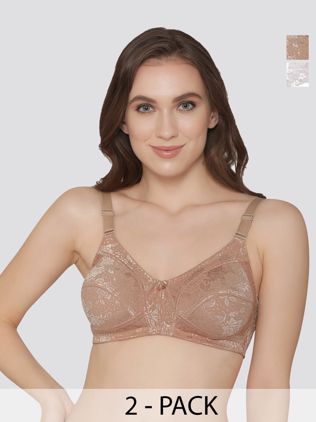 

K LINGERIE Pack of 2 Alvina Wirefree Comfort Embroidered Lace Bra, Nude