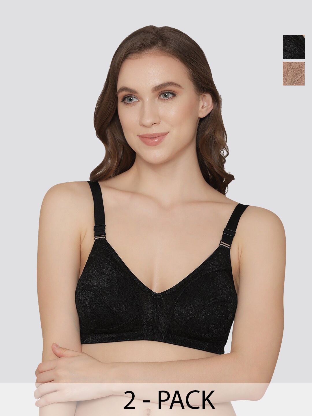 

K LINGERIE Pack of 2 Alvina Wirefree Comfort Embroidered Lace Bra, Black