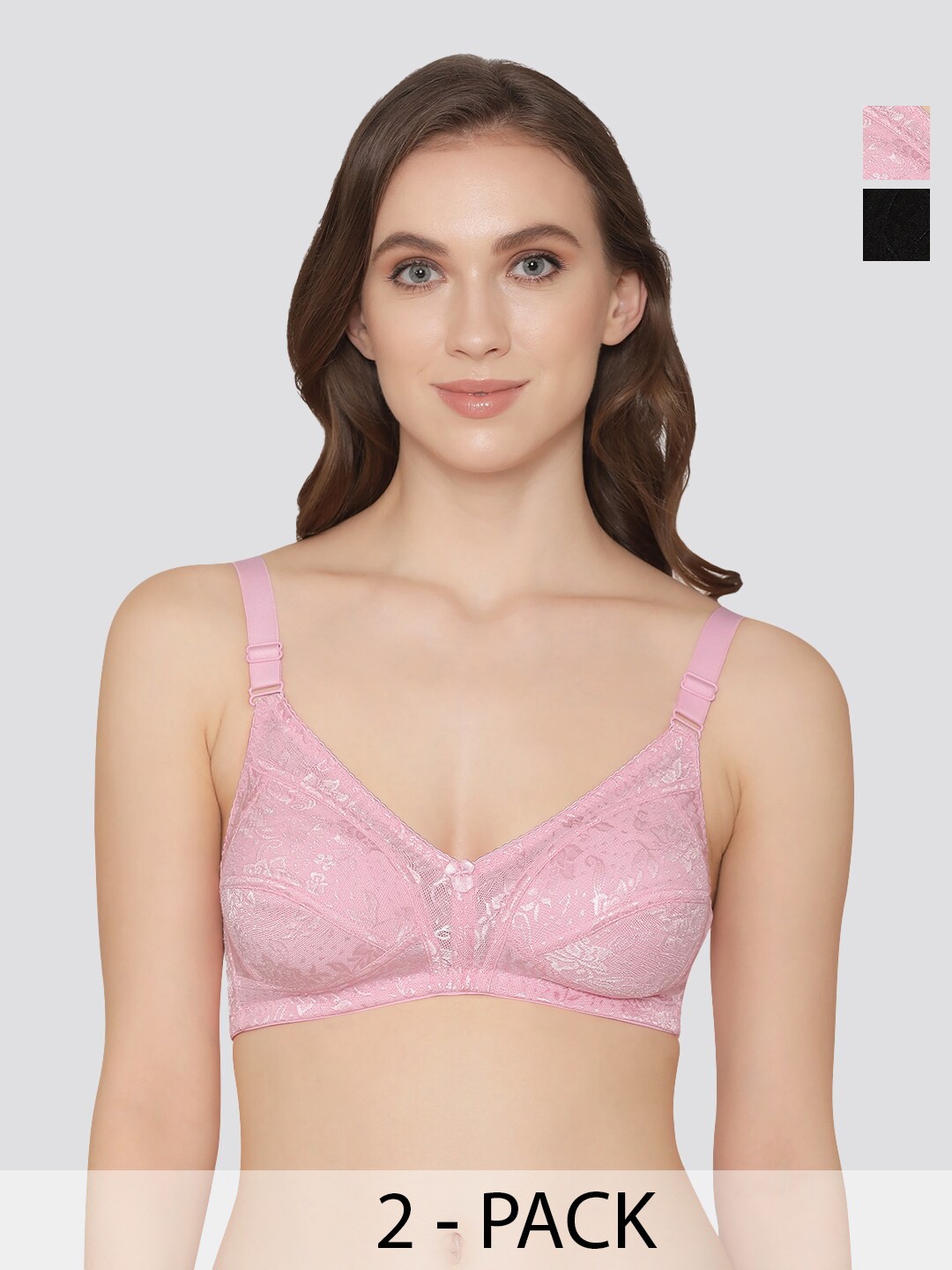 

K LINGERIE Pack of 2 Alvina Wirefree Comfort Embroidered Lace Bra, Pink