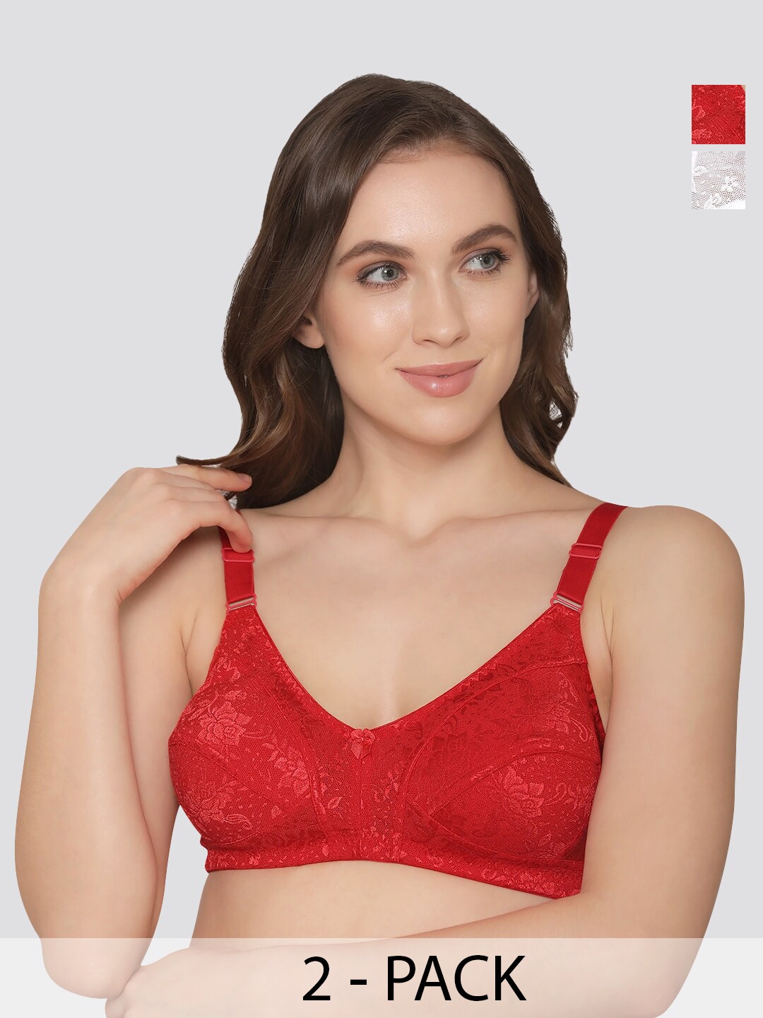 

K LINGERIE Pack of 2 Alvina Wirefree Comfort Embroidered Lace Bra, Red
