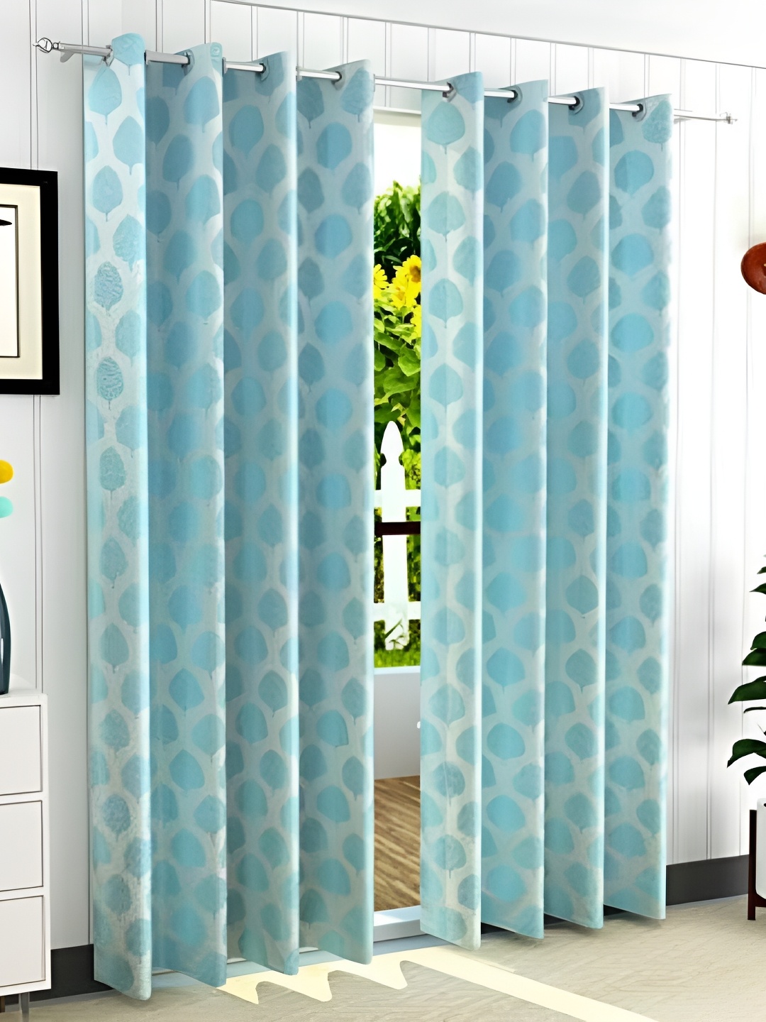 

RIDHAAN Blue & White 2 Pieces Floral Room Darkening Window Curtains