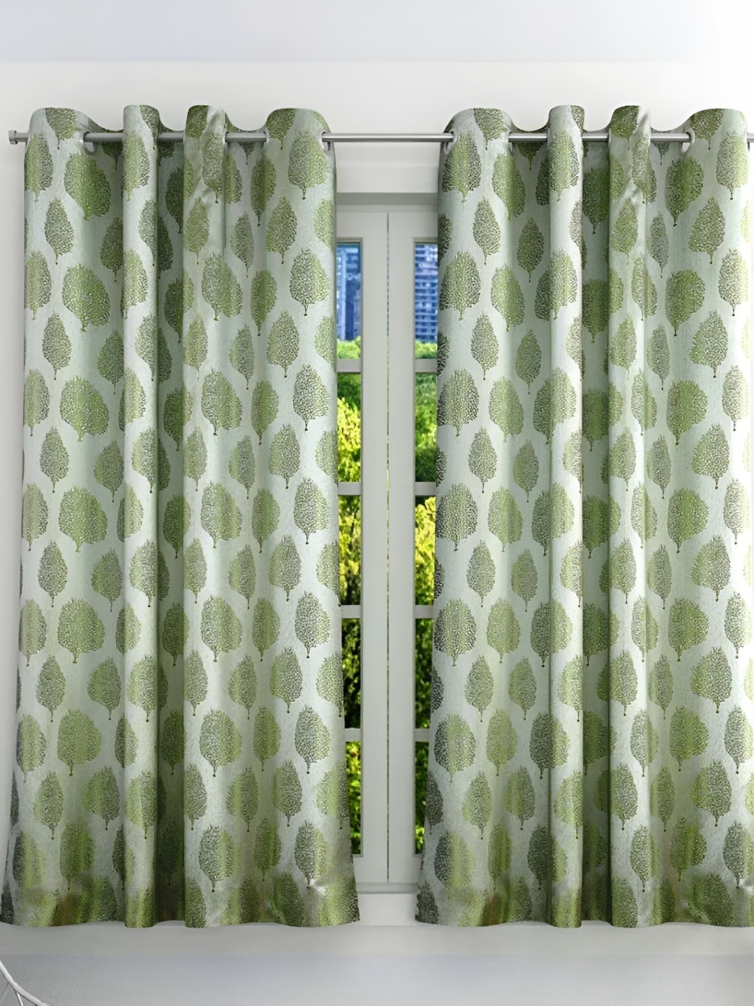 

RIDHAAN Green & White 2 Pieces Floral Jacquard Eyelet Room Darkening Window Curtain