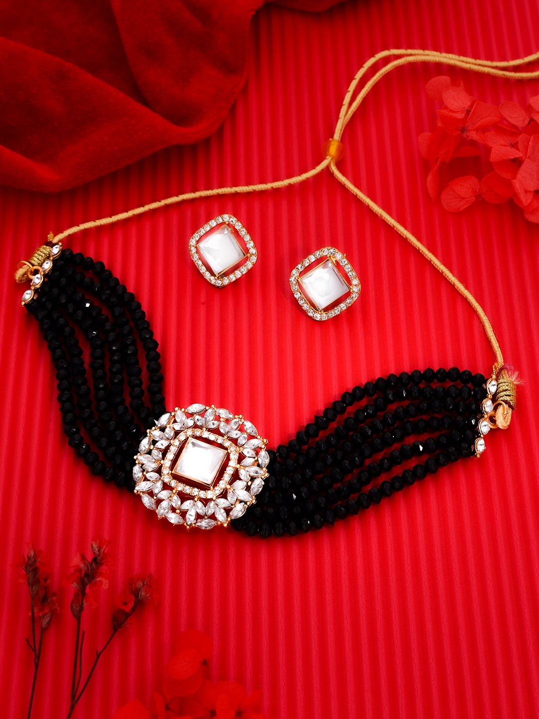 

Brado Jewellery Gold-Plated American Diamond-Studded & Beaded Jewellery Set
