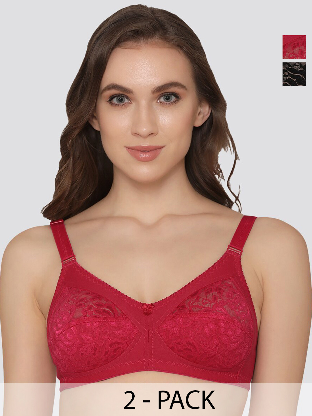 

K LINGERIE Pack of 2 Clare Full Support Non Padded Lace Bra, Pink