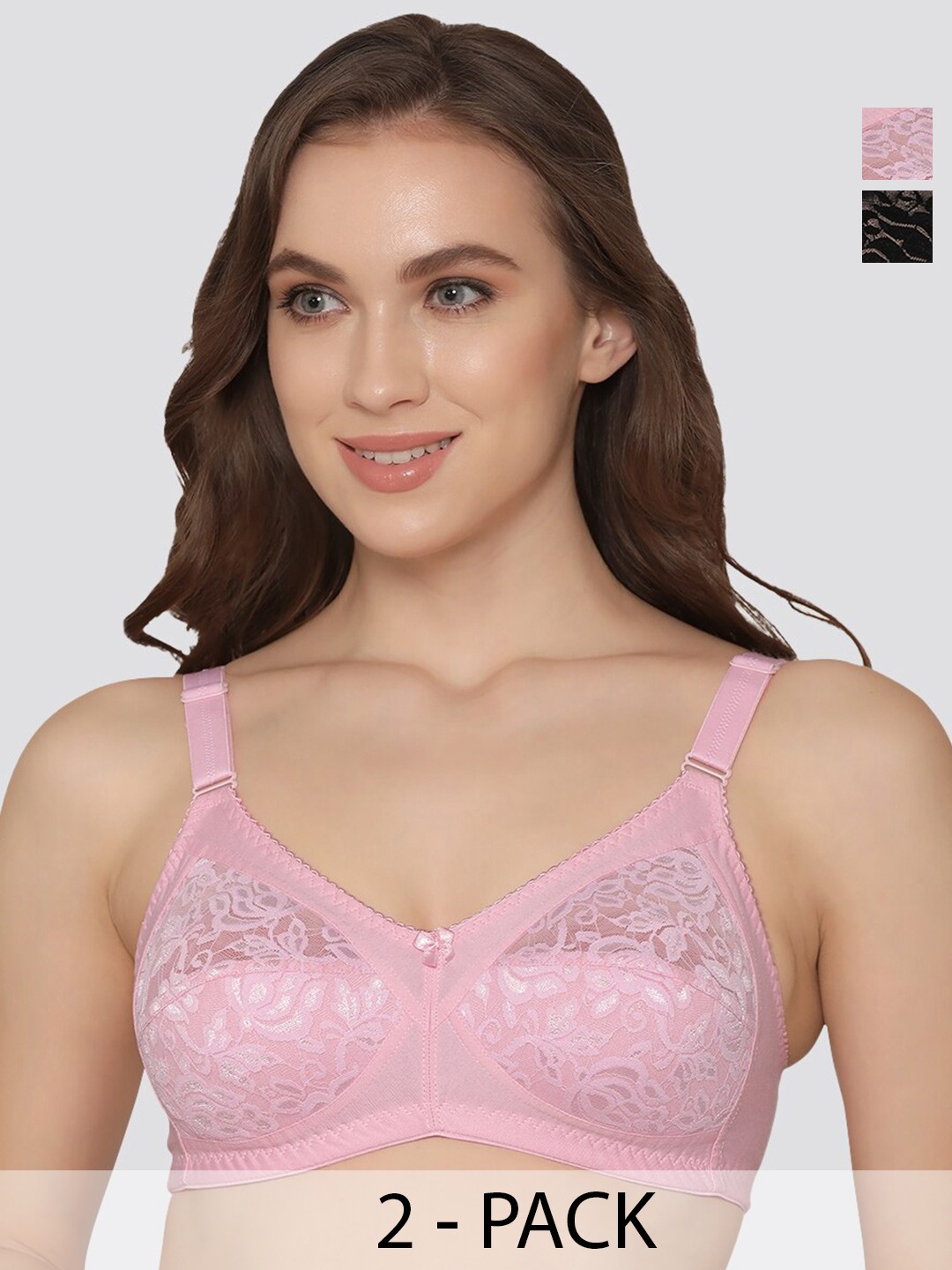 

K LINGERIE Pack of 2 Clare Full Support Non Padded Lace Bra, Pink