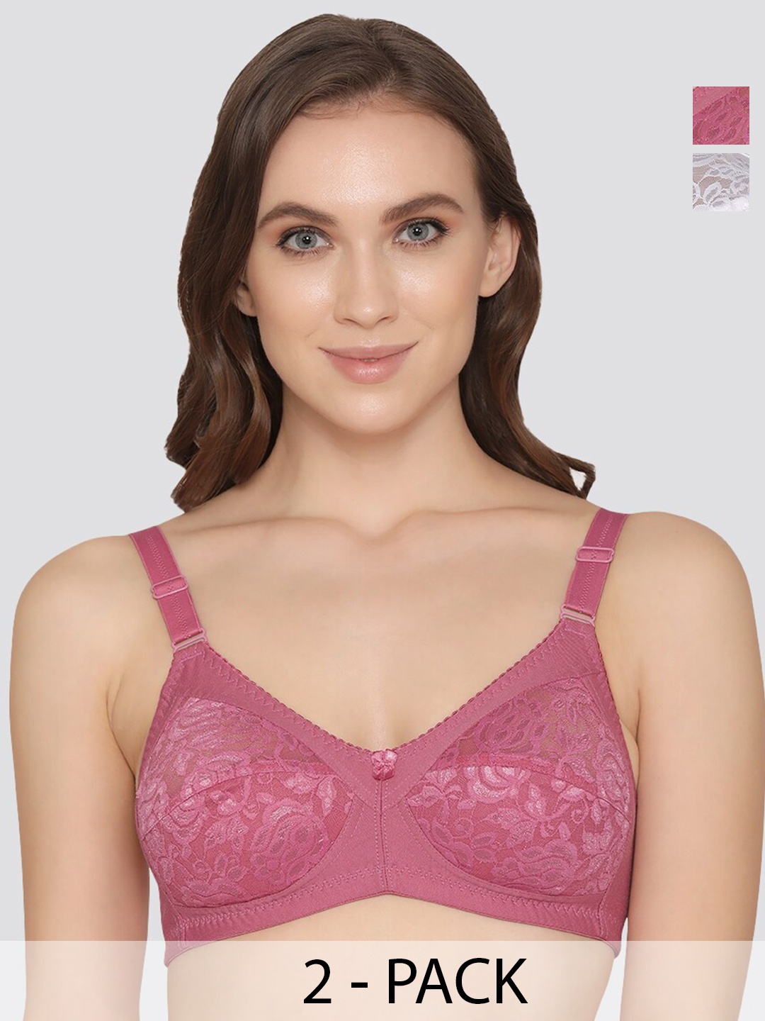 

K LINGERIE Pack of 2 Clare Full Support Lace Bra, Pink