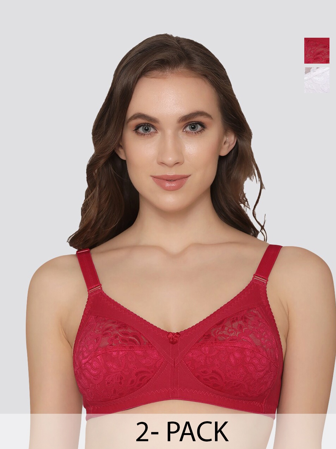 

K LINGERIE Pack of 2 Clare Full Support Lace Bra, Red