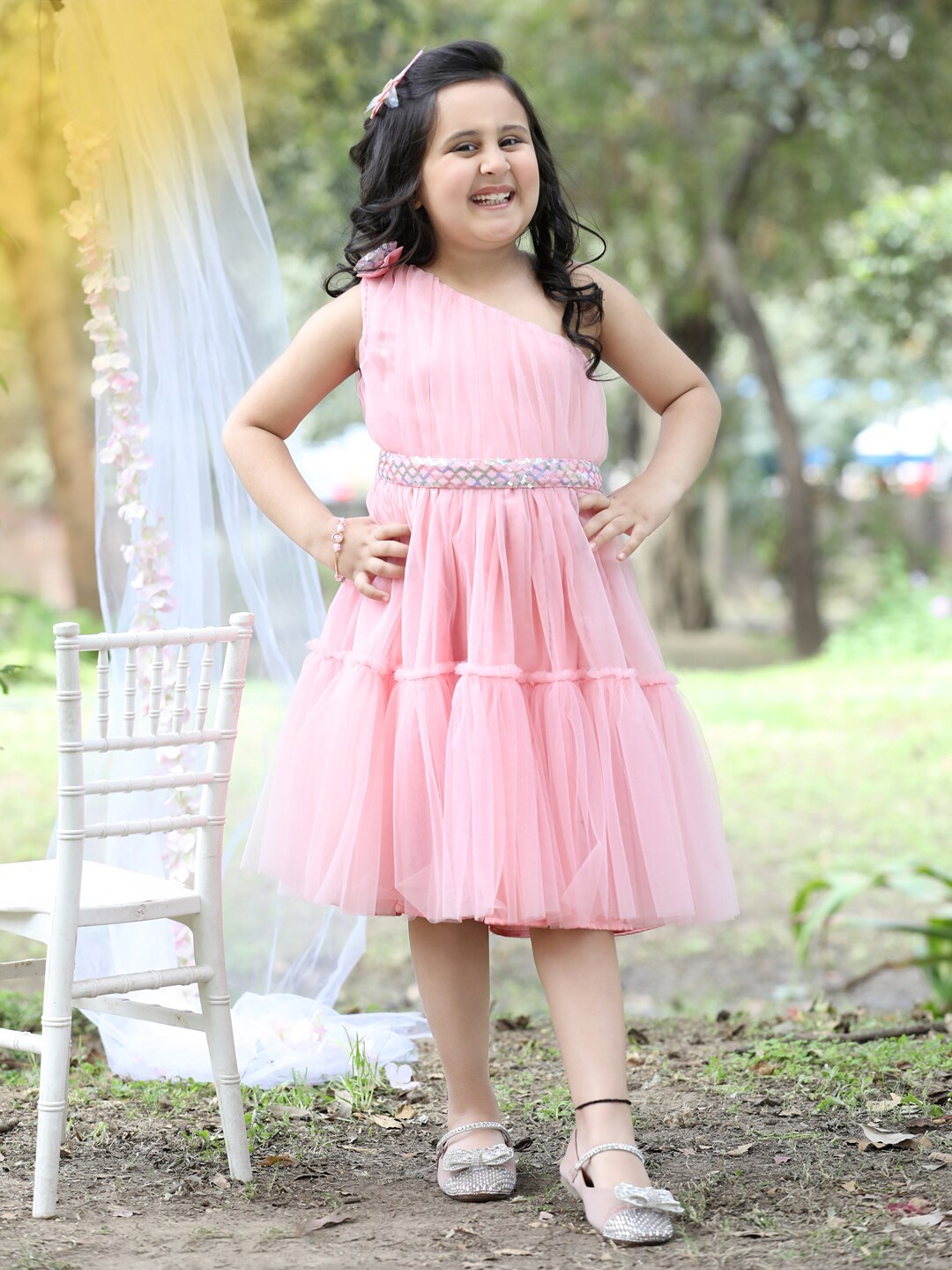 

Stuffie Land Embellished One Shoulder Net Fit & Flare Dress, Pink
