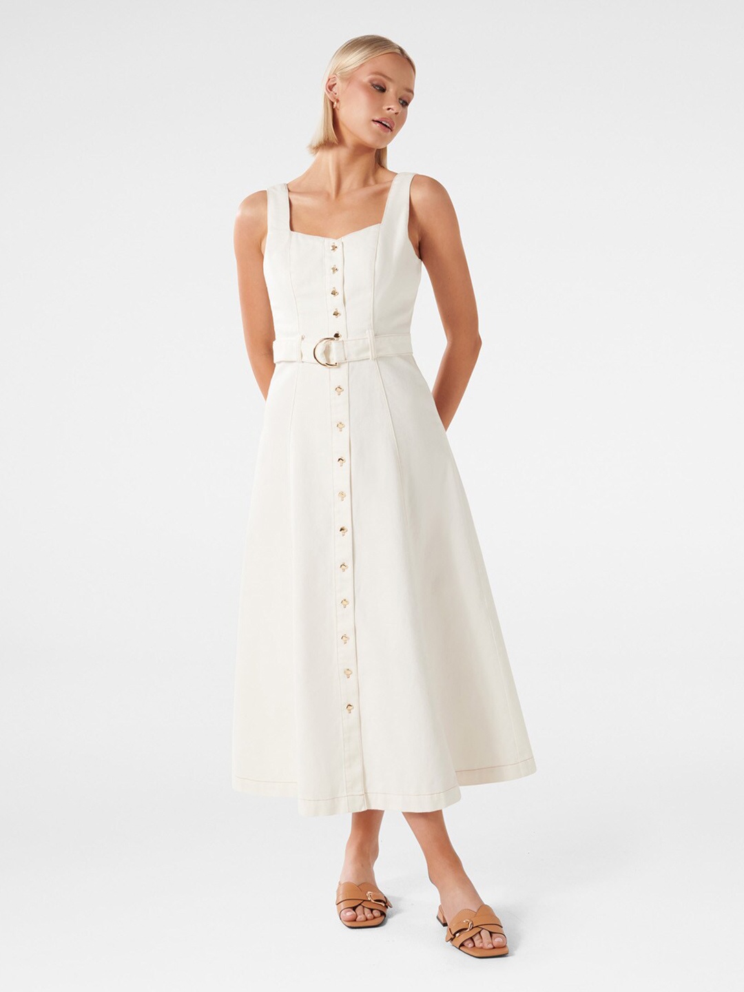 

Forever New Shoulder Strap Fit & Flare Midi Dress With Belt, White