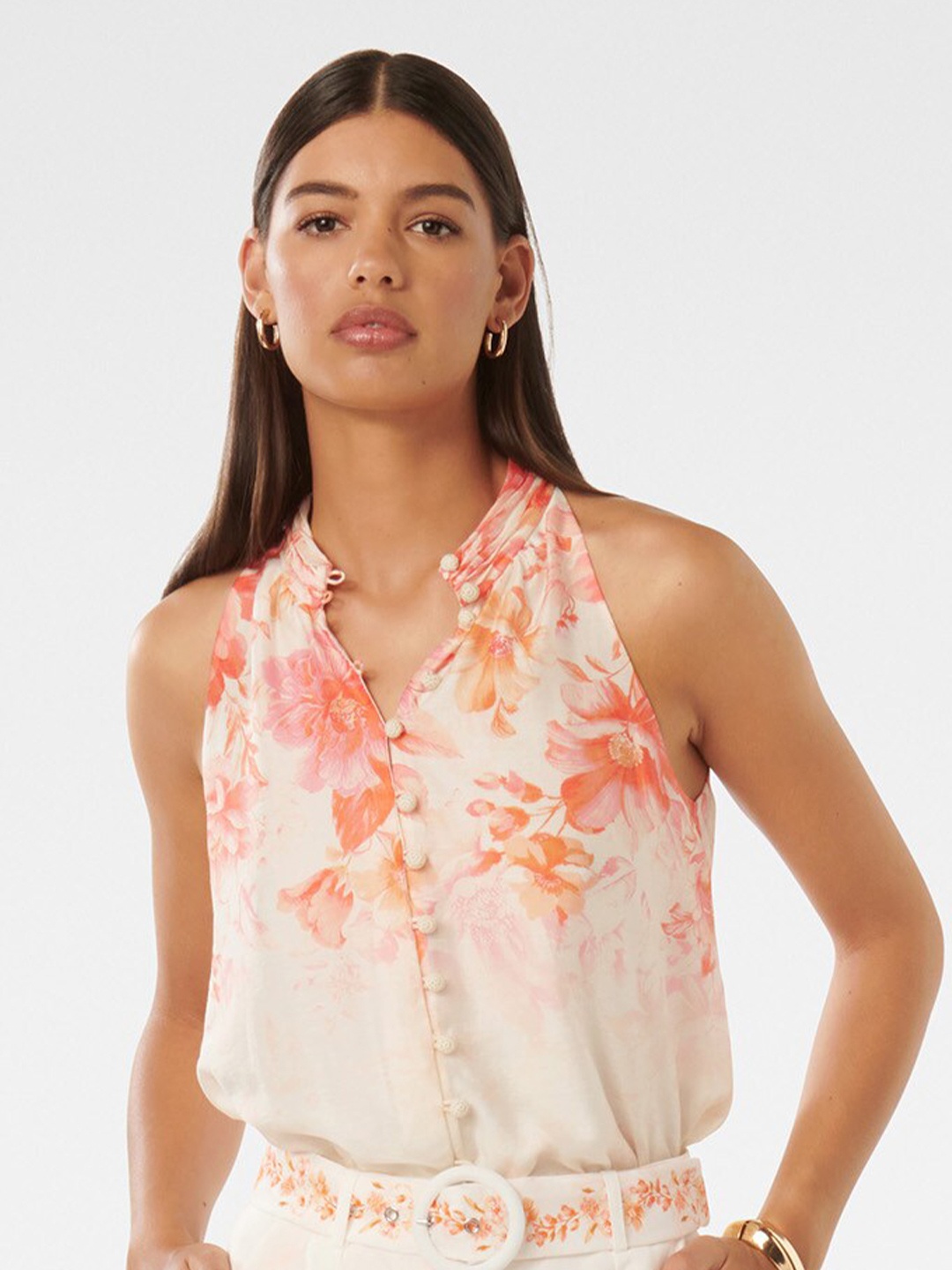 

Forever New Floral Printed Mandarin Collar Shirt Style Top, Orange