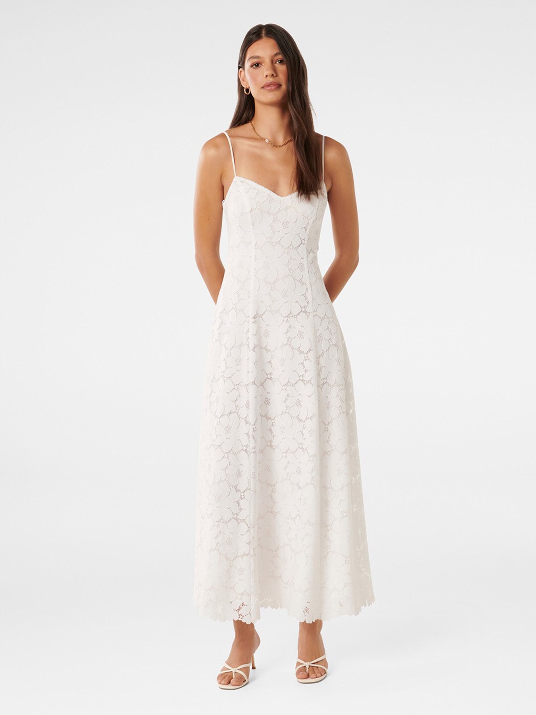 

Forever New Self Design Shoulder Strap Cut Out Lace Fit & Flare Maxi Dress, White