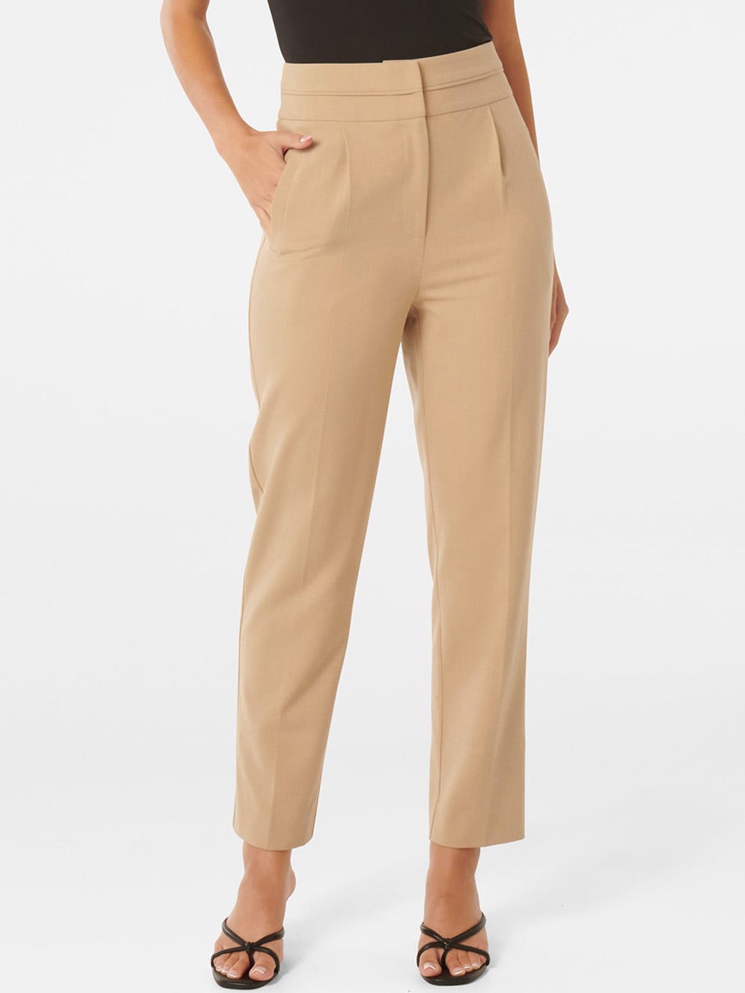 

Forever New Women Relaxed Straight Fit High-Rise Pleated Trousers, Beige