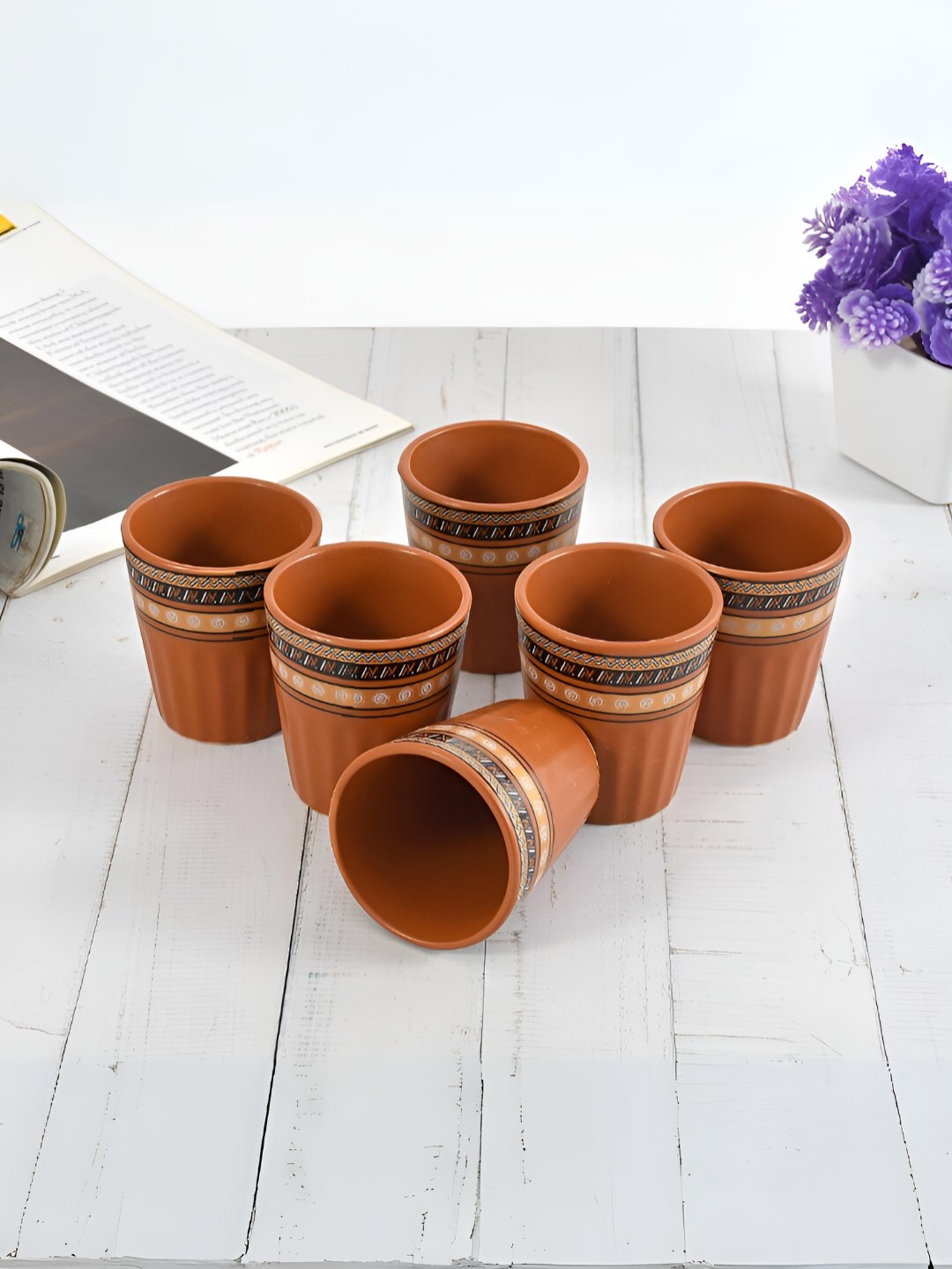 

CLIO'S HERITAGE STORE Brown 6 Pieces Handcrafted Printed Ceramic Matte Cups
