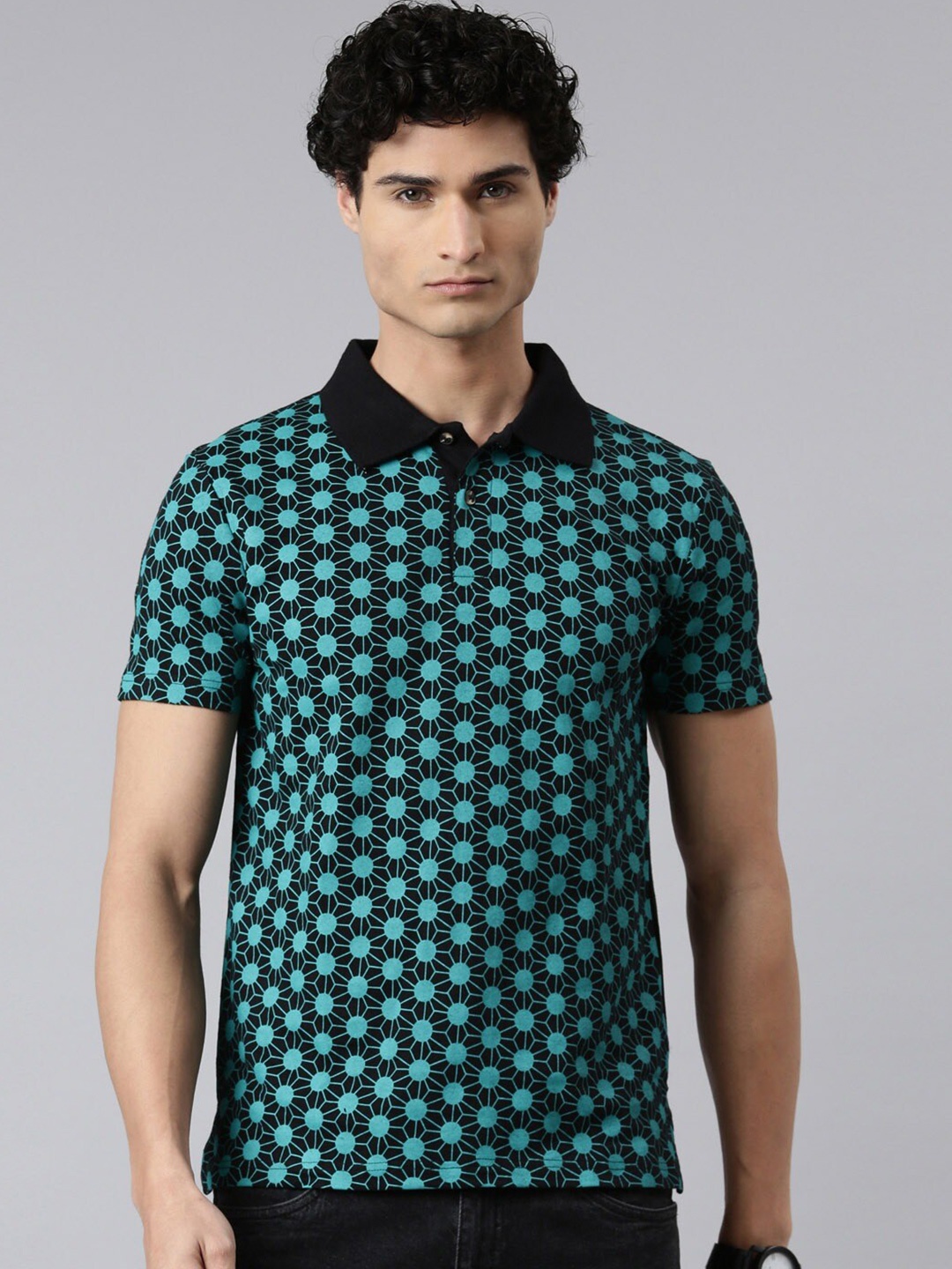 

THE SOUL PATROL Geometric Printed Polo Collar Cotton T-shirt, Black