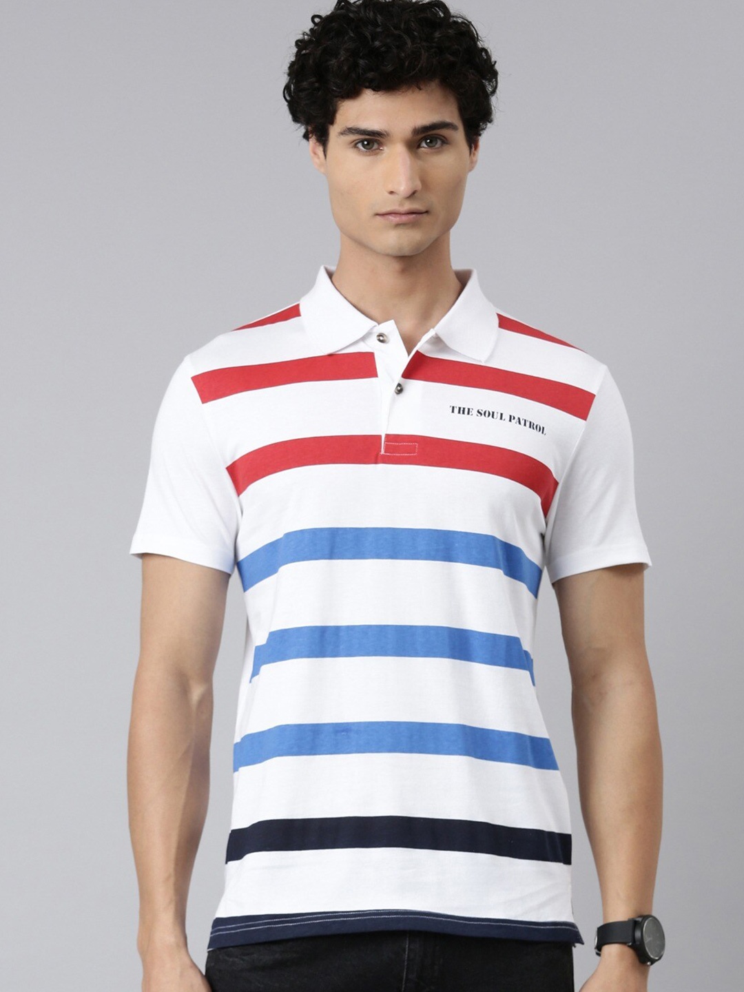 

THE SOUL PATROL Striped Polo Collar Cotton T-shirt, White