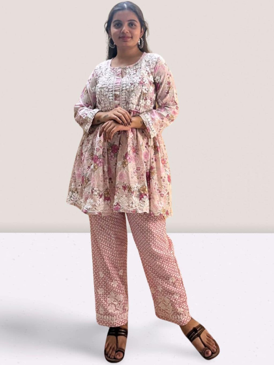 

THE VASILIKI Floral Printed Embroidered Pure Cotton Ethnic Top with Trousers, Pink