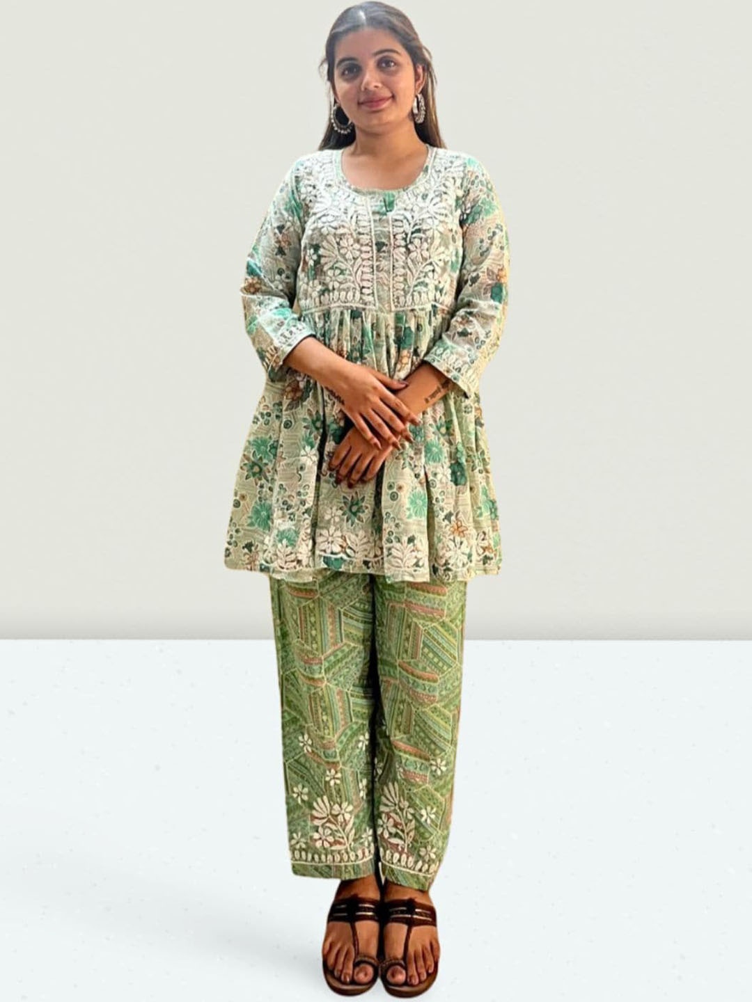 

THE VASILIKI Floral Printed Embroidered Pure Cotton Ethnic Top with Trousers, Green