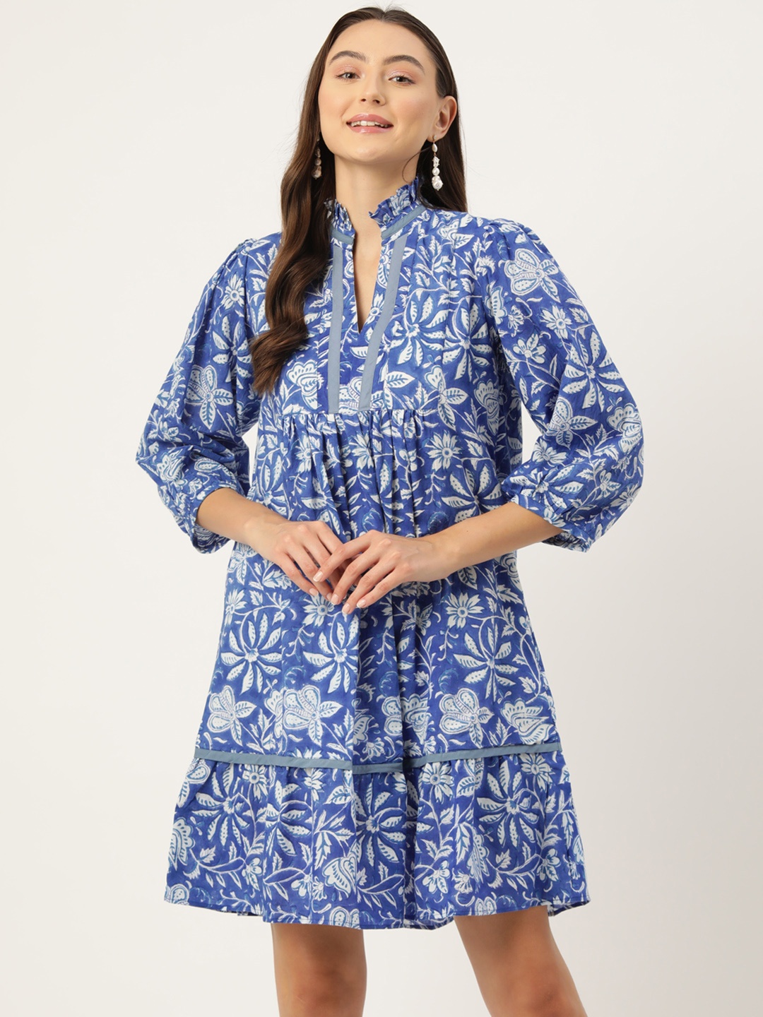 

Jaipur Morni Floral Print Puff Sleeves Pure Cotton A-Line Dress, Blue