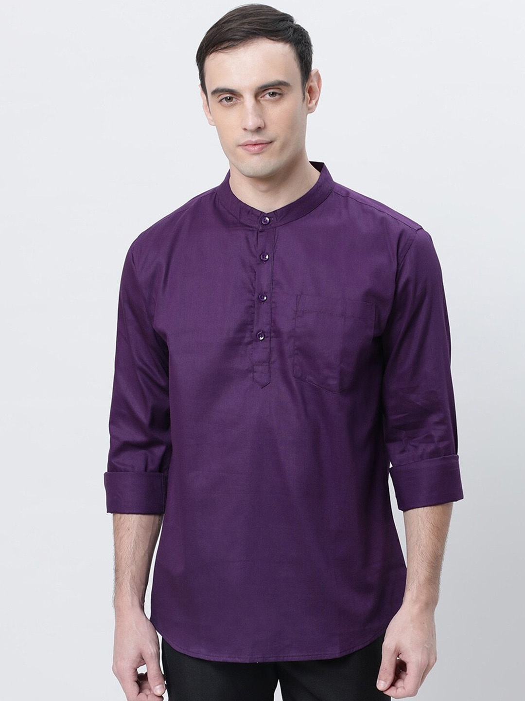 

THE SOUL PATROL Band Collar Cotton Curved Straight Kurta, Purple