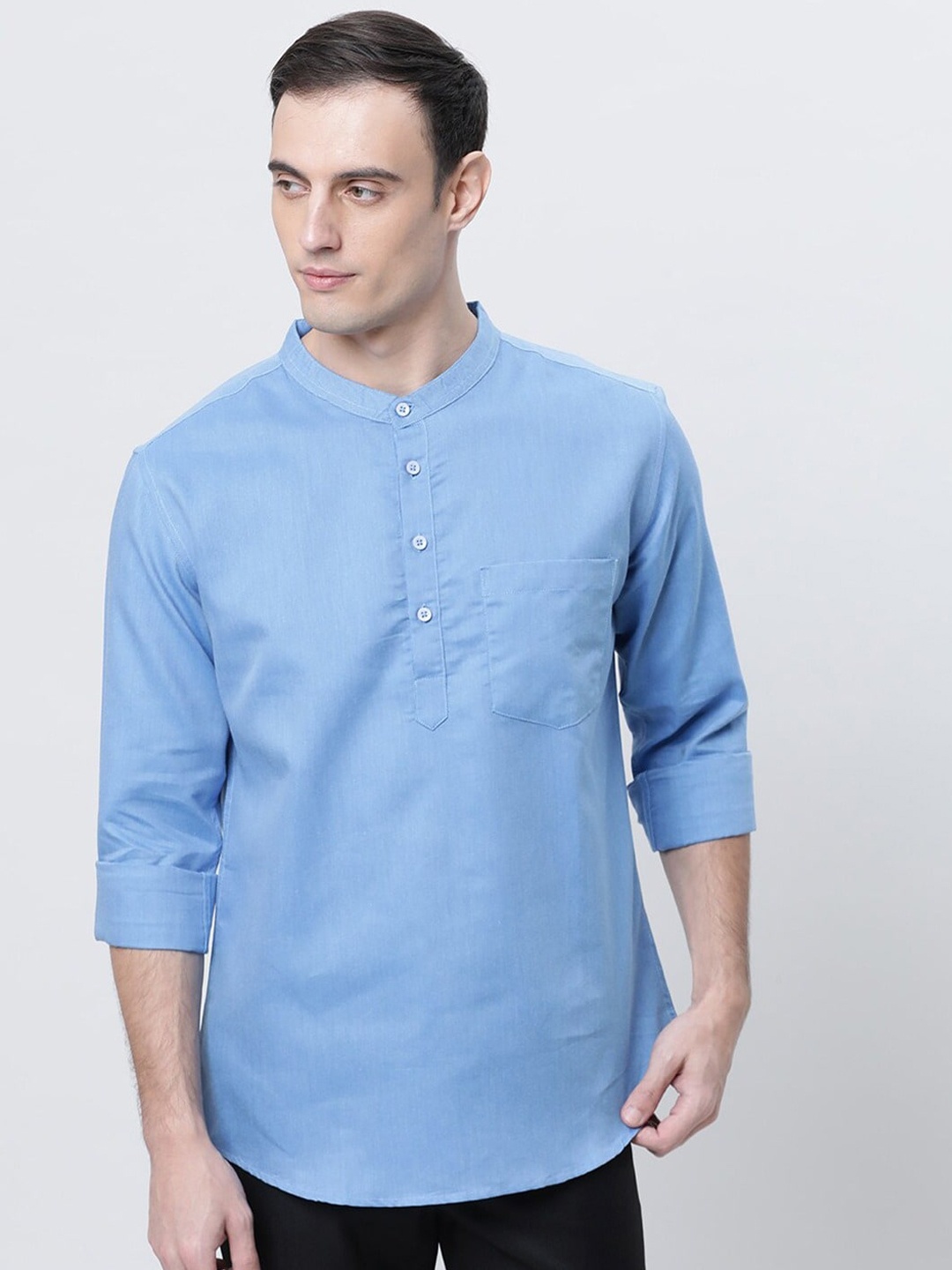

THE SOUL PATROL Band Collar Cotton Curved Straight Kurta, Blue