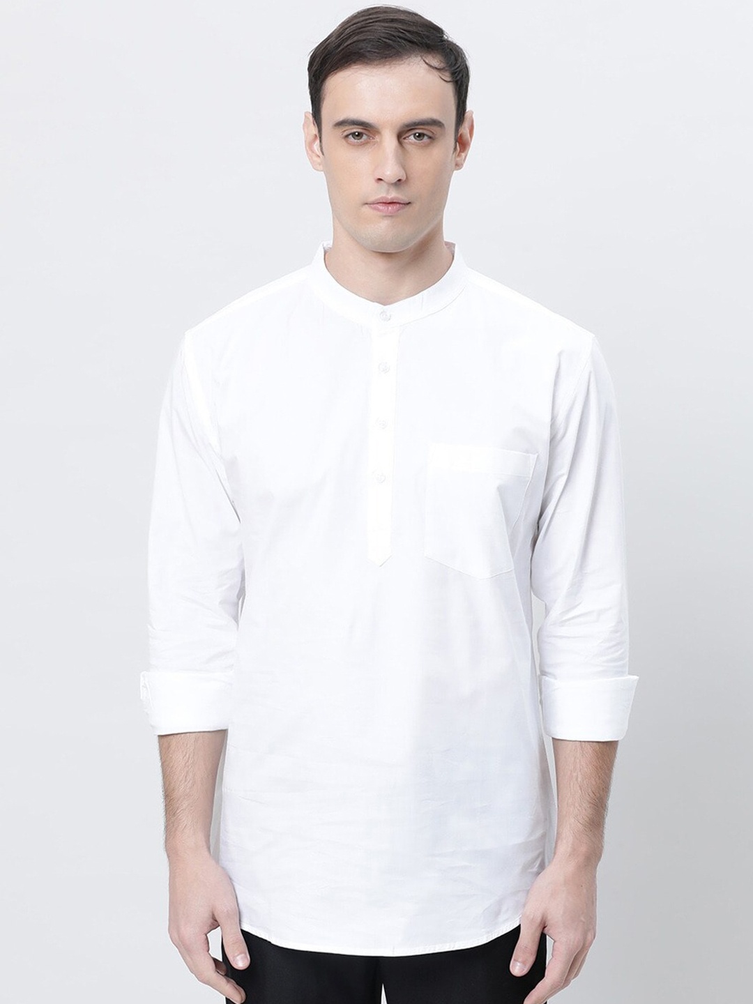 

THE SOUL PATROL Band Collar Cotton Curved Straight Kurta, White