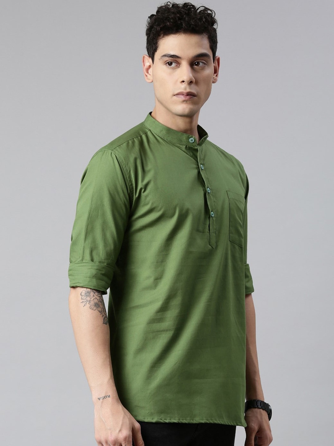 

THE SOUL PATROL Band Collar Long Sleeves Cotton Kurta, Green