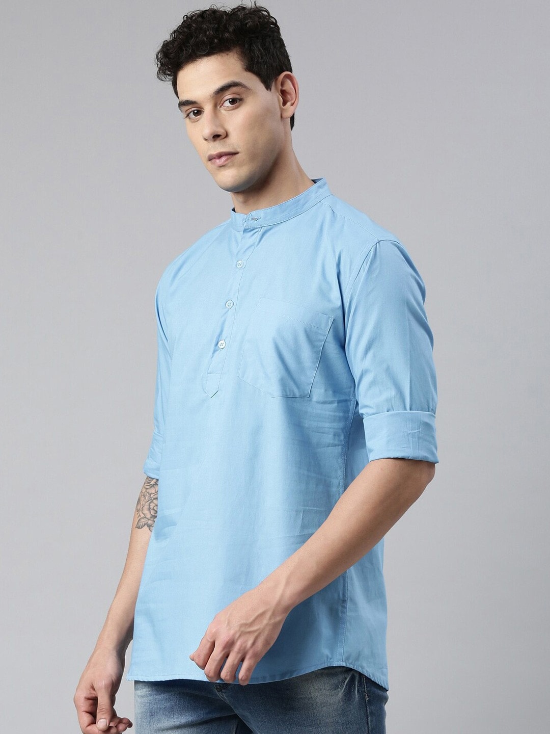 

THE SOUL PATROL Mandarin Collar Long Sleeves Cotton Straight Kurta, Blue