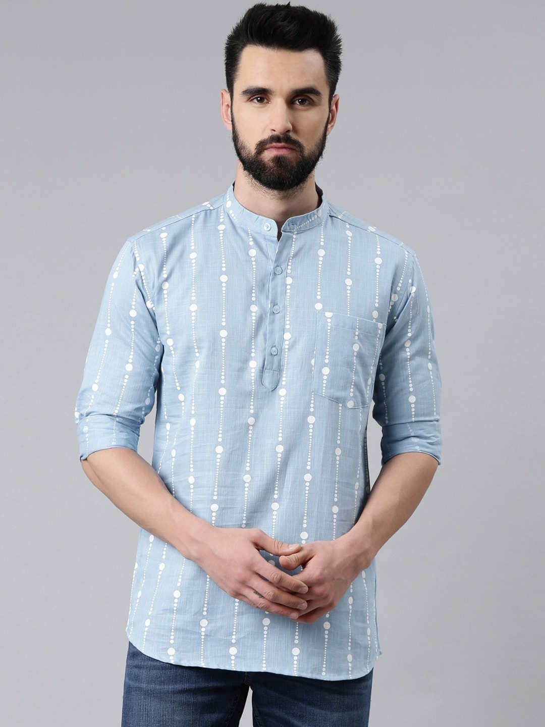 

THE SOUL PATROL Mandarin Collar Long Sleeves Geometric Printed Cotton Straight Kurta, Blue