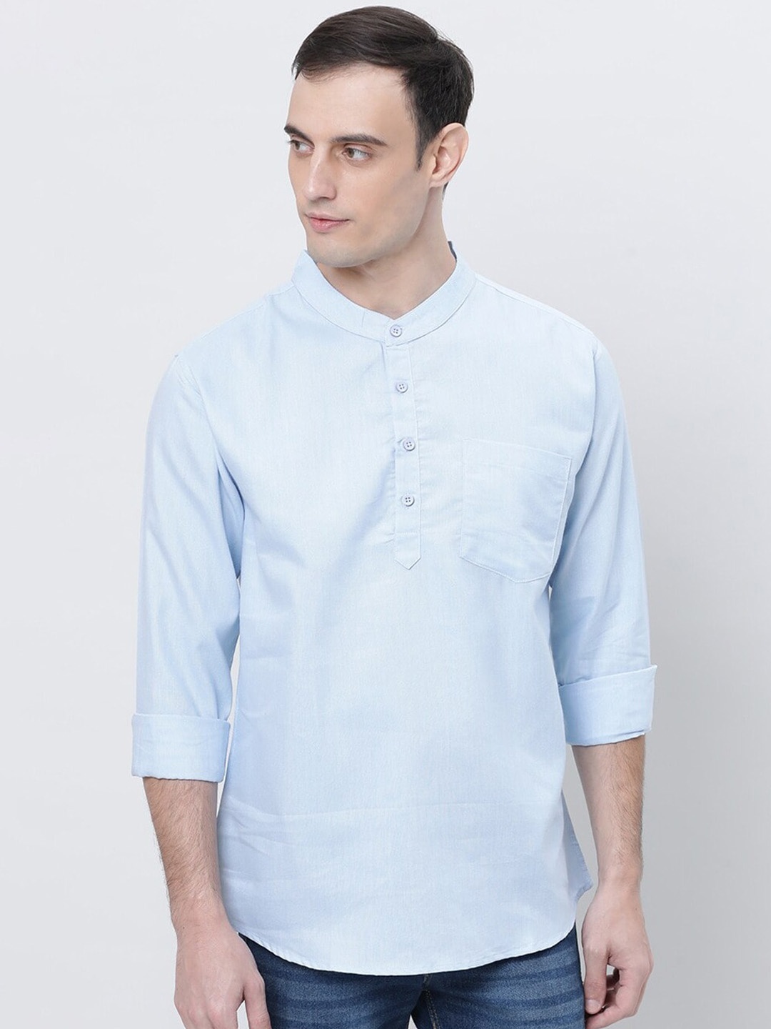 

THE SOUL PATROL Mandarin Collar Long Sleeves Cotton Straight Kurta, Blue