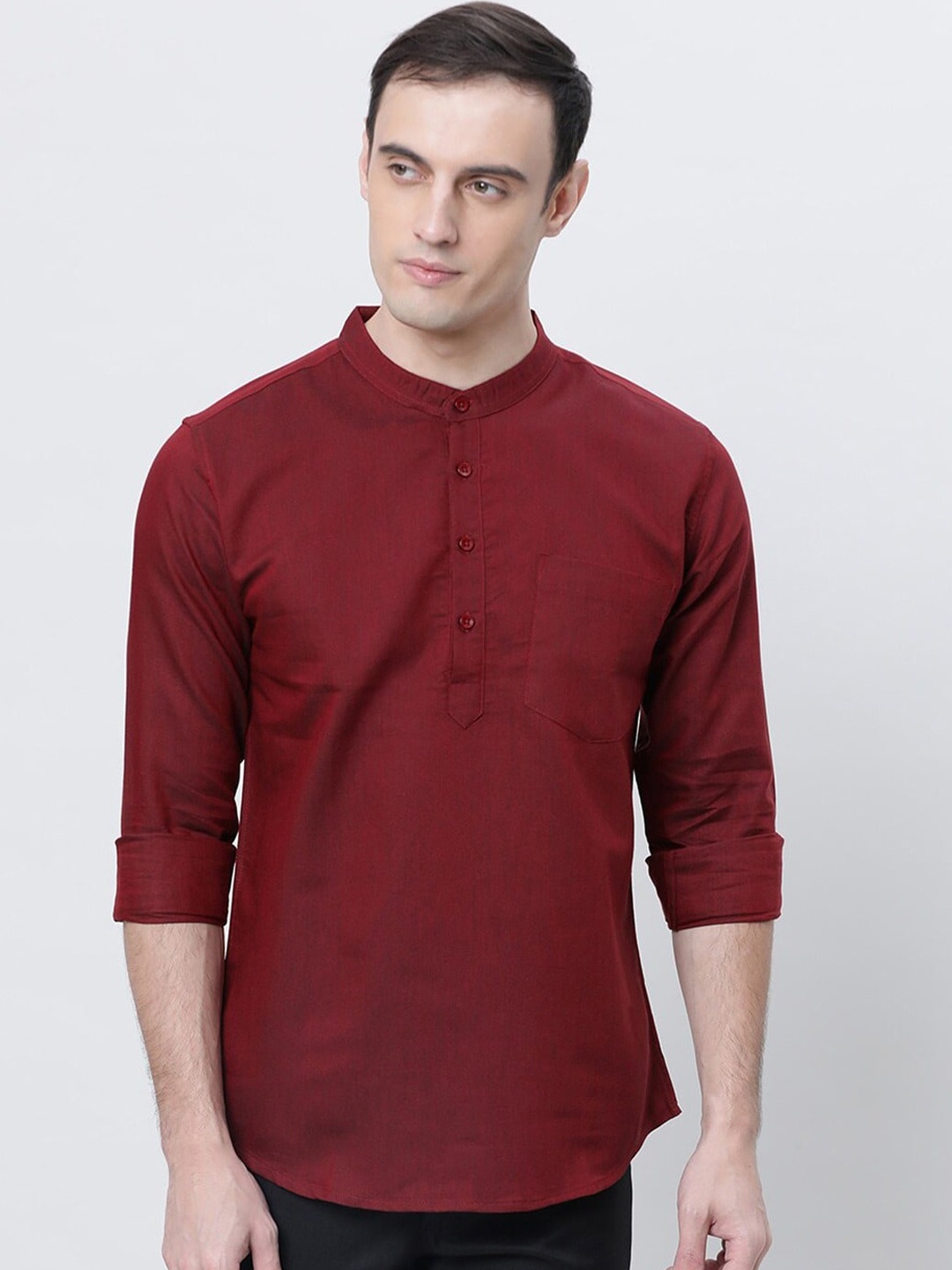 

THE SOUL PATROL Band Collar Cotton Curved Short Kurta, Red