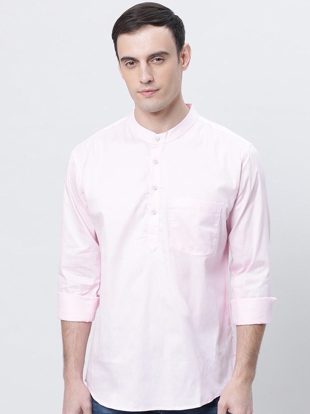 

THE SOUL PATROL Band Collar Cotton Curved Short Kurta, Pink